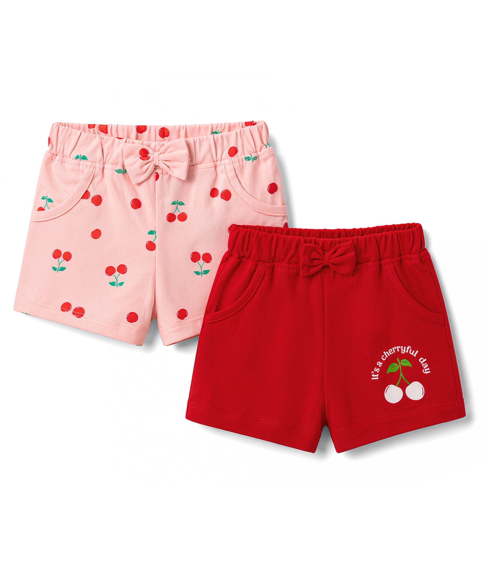 Doodle Poodle 100% Cotton Knit Knee Length Cherry Printed Shorts With Bow Applique Pack of 2 - Red & Pink-image-43