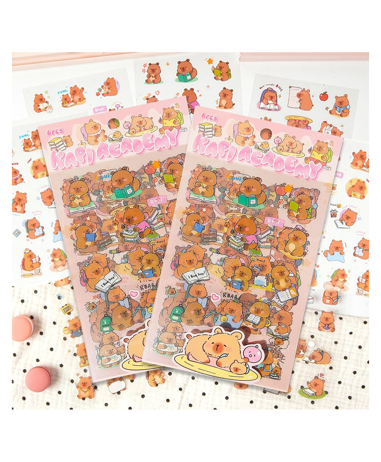 FunBlast Capybara Theme Self-Adhesive Stickers for Kids Pack of 12 Sheets/180+ Stickers (Pink)-image-43