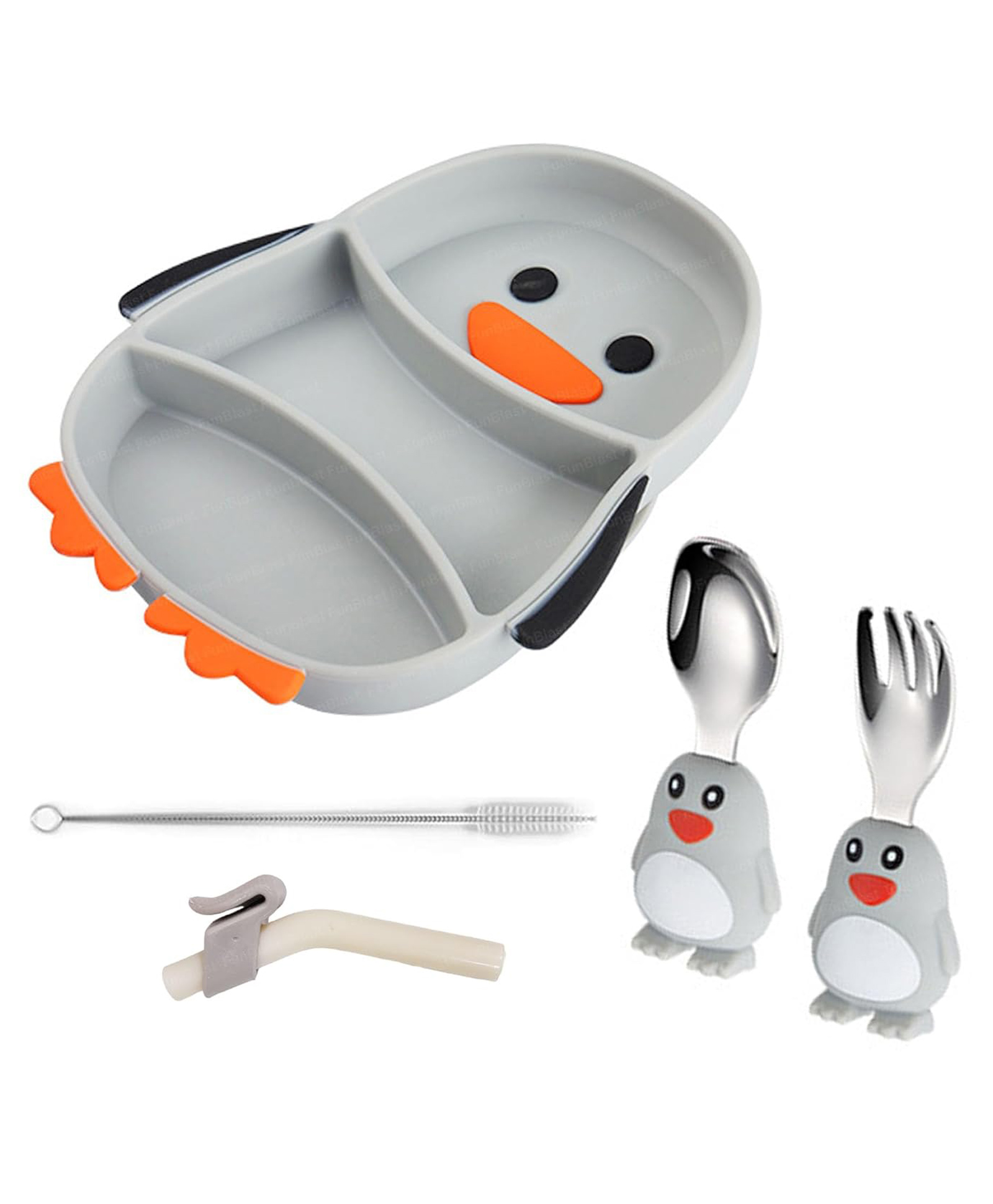 FunBlast Silicone Penguin Shaped Baby Feeding Set Pack of Suction Plate with Spoon, Fork and Sipper (Multicolor)-image-44