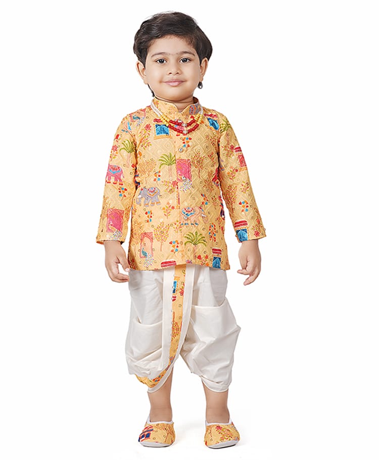 Earth Conscious Cotton Woven Full Sleeves Floral & Elephant Printed Sequins Embroidered Kurta & Dhoti Set With Booties & Mala - Yellow-picture-22