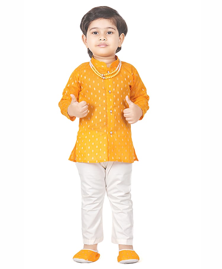 Earth Conscious Cotton Rayon Woven Full Sleeves Abstract Printed Kurta & Pyjama Set With Booties & Mala - Yellow-picture-11