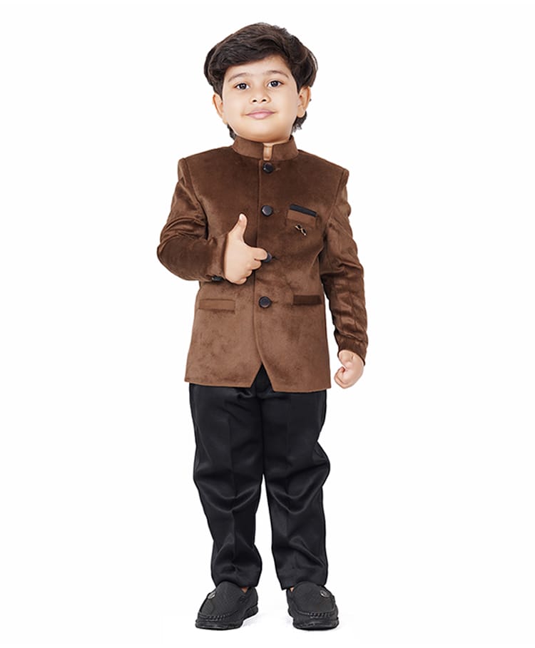 Earth Conscious Velvet Woven Full Sleeves Solid Jacket & Trousers Set - Brown-picture-22