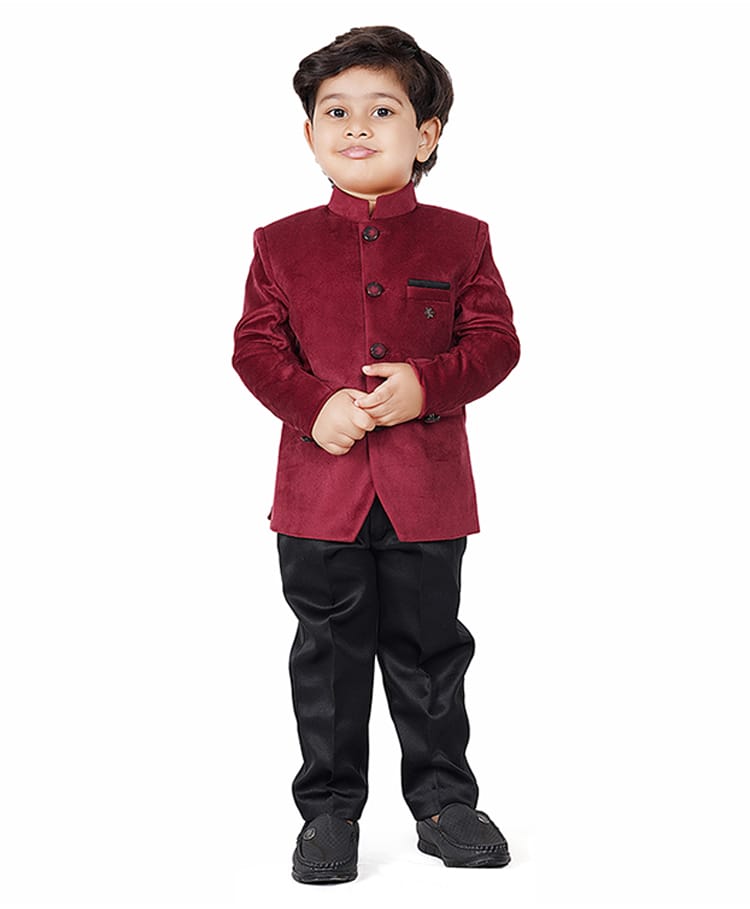 Earth Conscious Velvet Woven Full Sleeves Solid Jacket & Trousers Set - Maroon-picture-26