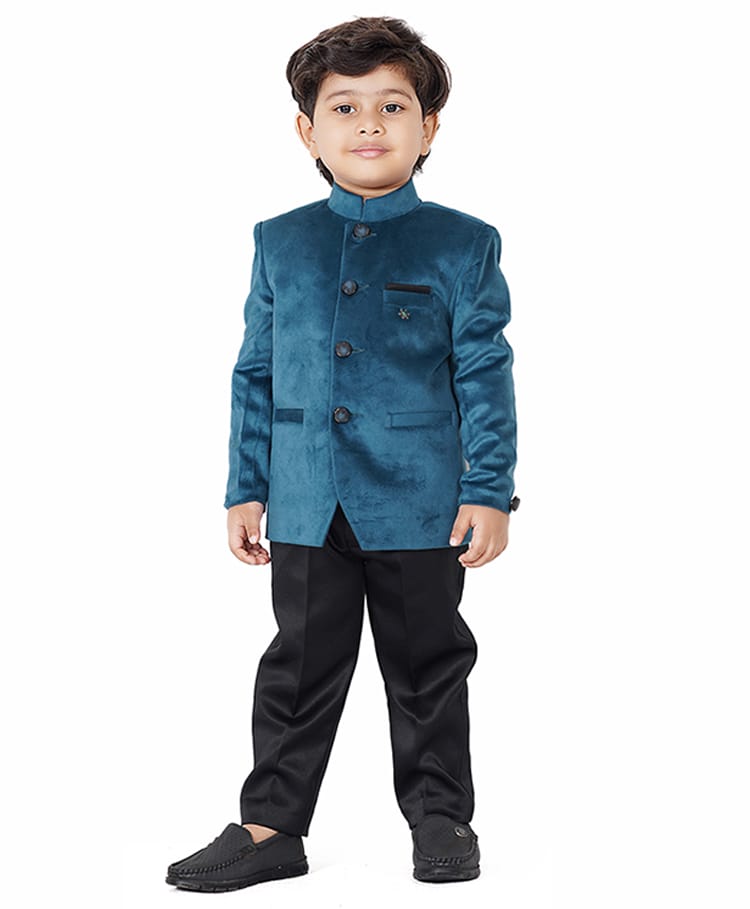Earth Conscious Velvet Woven Full Sleeves Solid Jacket & Trousers Set - Green-image-49