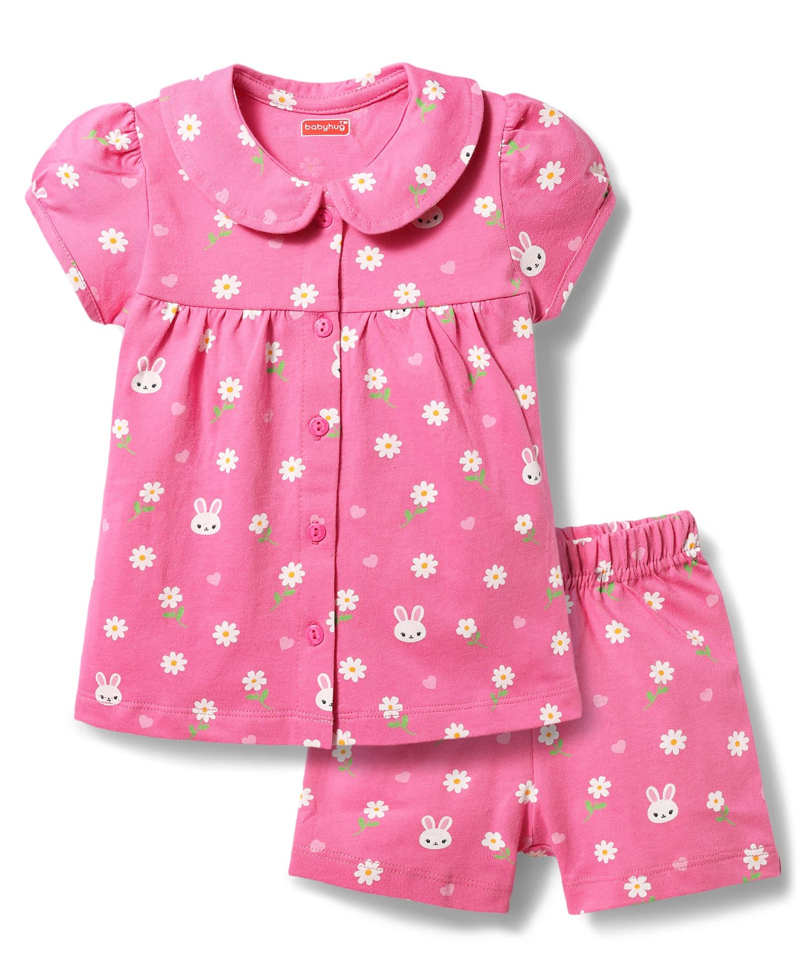 Babyhug Cotton Knit Half Sleeves Shirt & Shorts Co-ord Night Suit with Floral Print - Pink-image-29