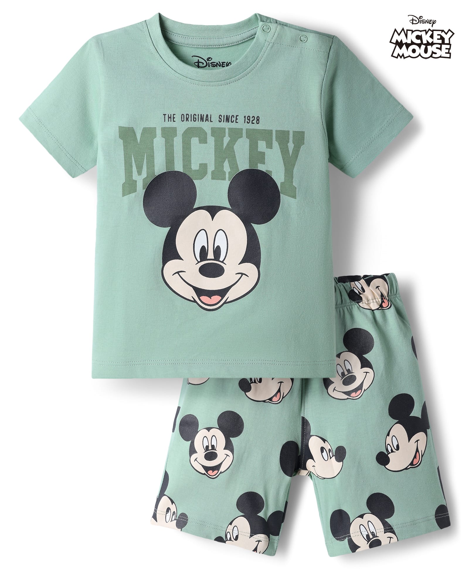 Babyoye Disney Single Jersey Knit Half Sleeves T-Shirts & Shorts Night Suit With Micky Mouse Graphic - Green-image-25
