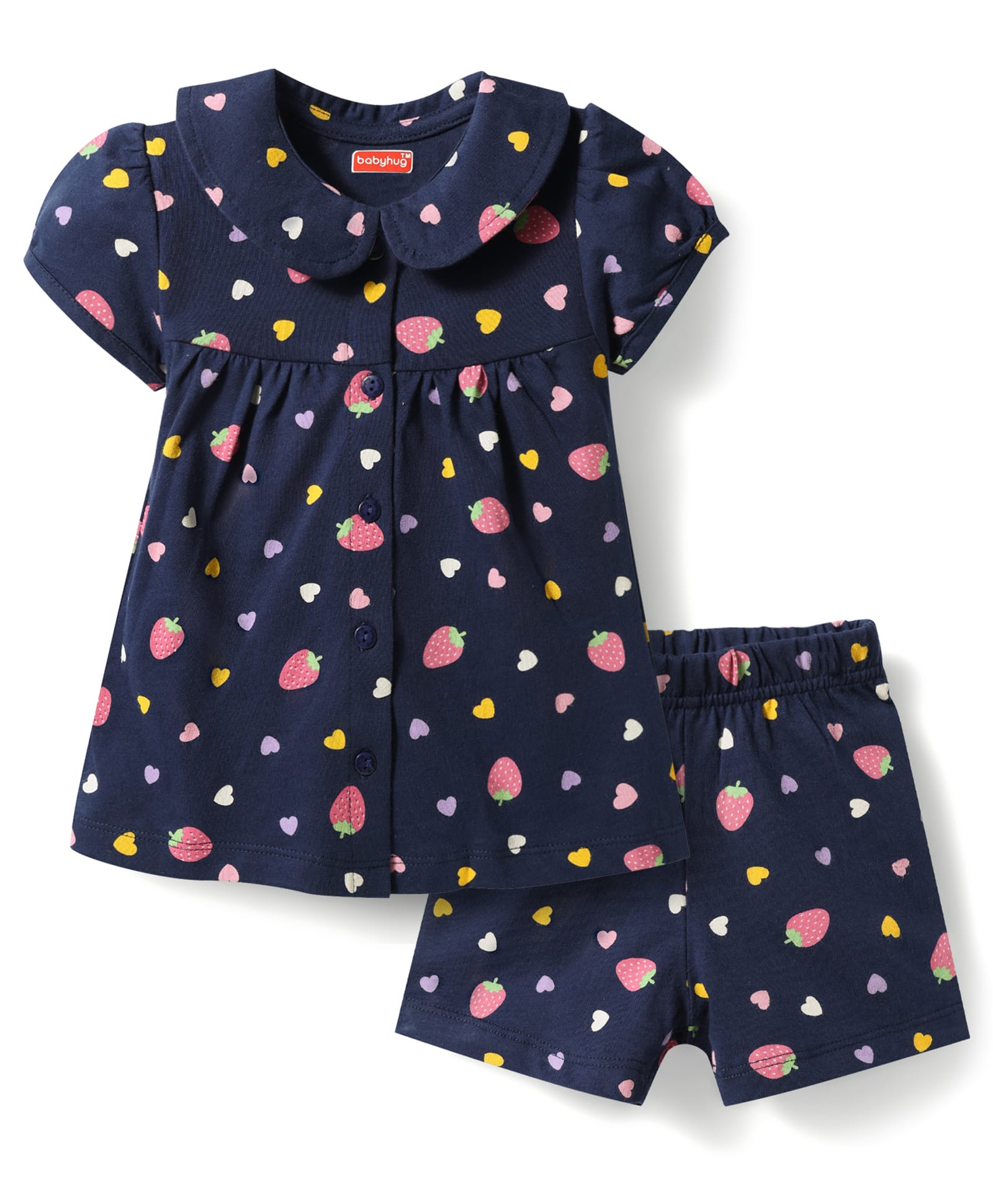 Babyhug Cotton Knit Half Sleeves Strawberry & Hearts Printed Co-Ords Top & Shorts Night Suit - Navy Blue-image-35