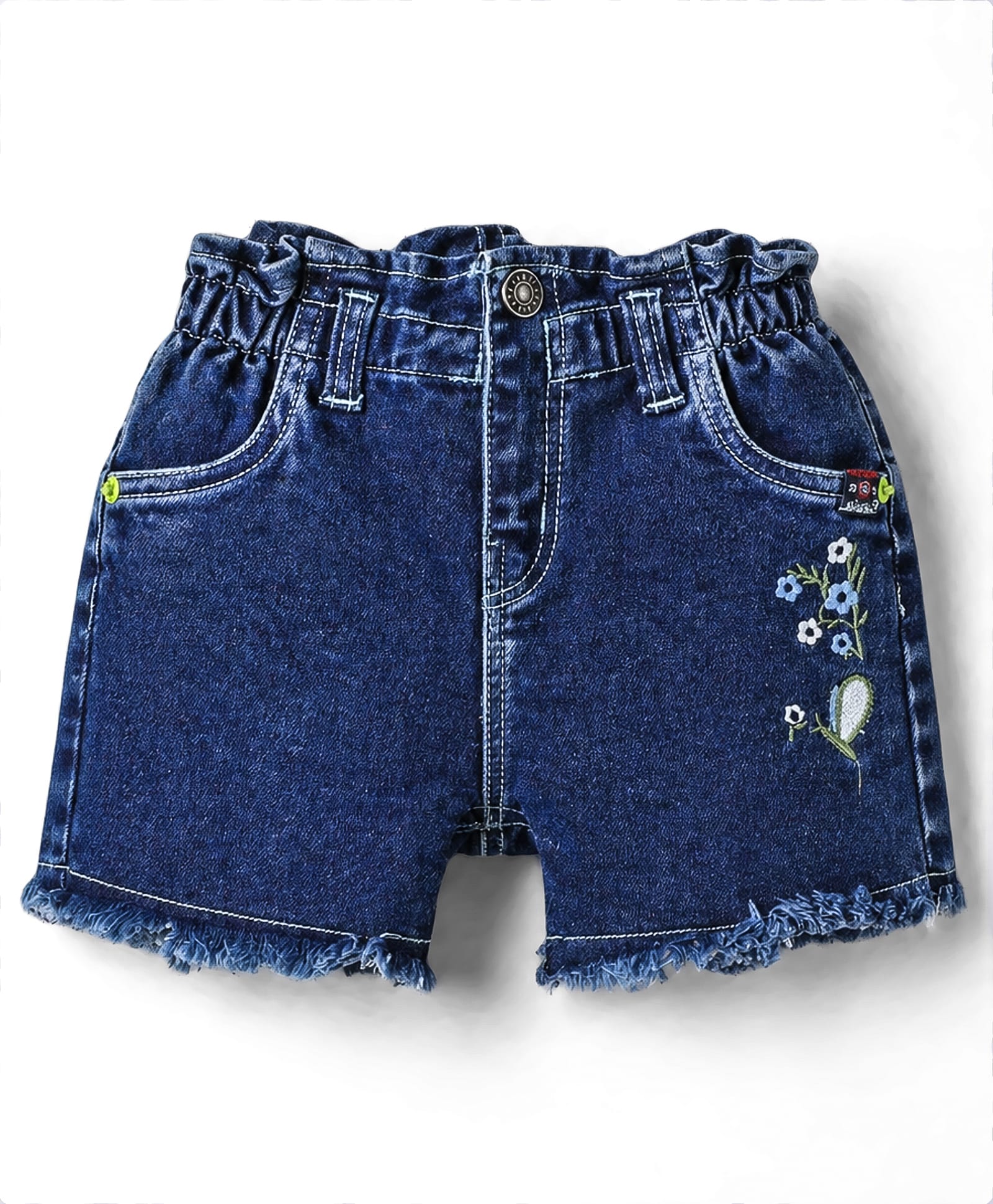 Olio Kids Knit Above Knee Length Denim Shorts with Floral Embroidery - Navy Blue-picture-6