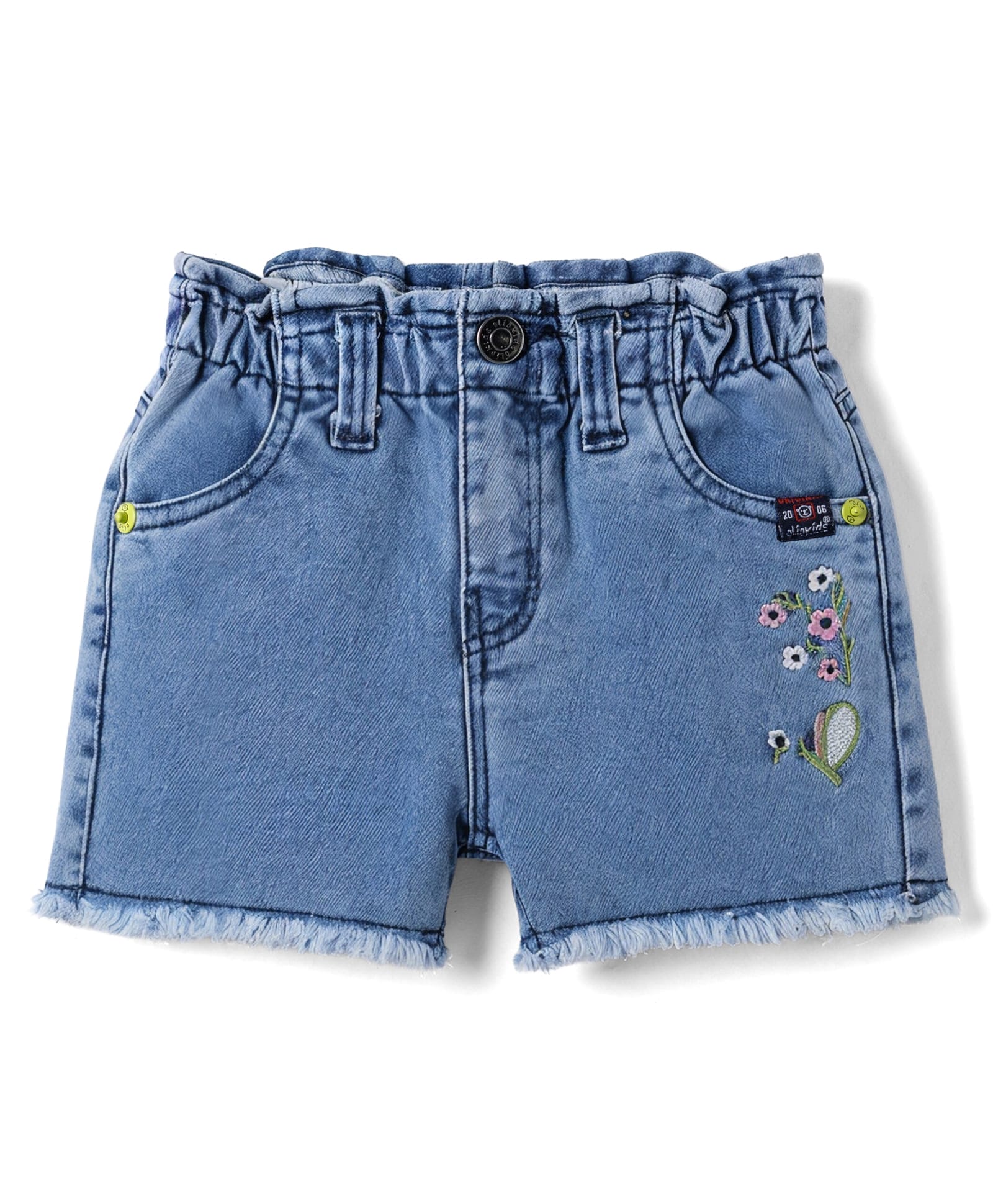 Olio Kids Knit Above Knee Length Denim Shorts with Floral Embroidery - Light Blue-picture-3
