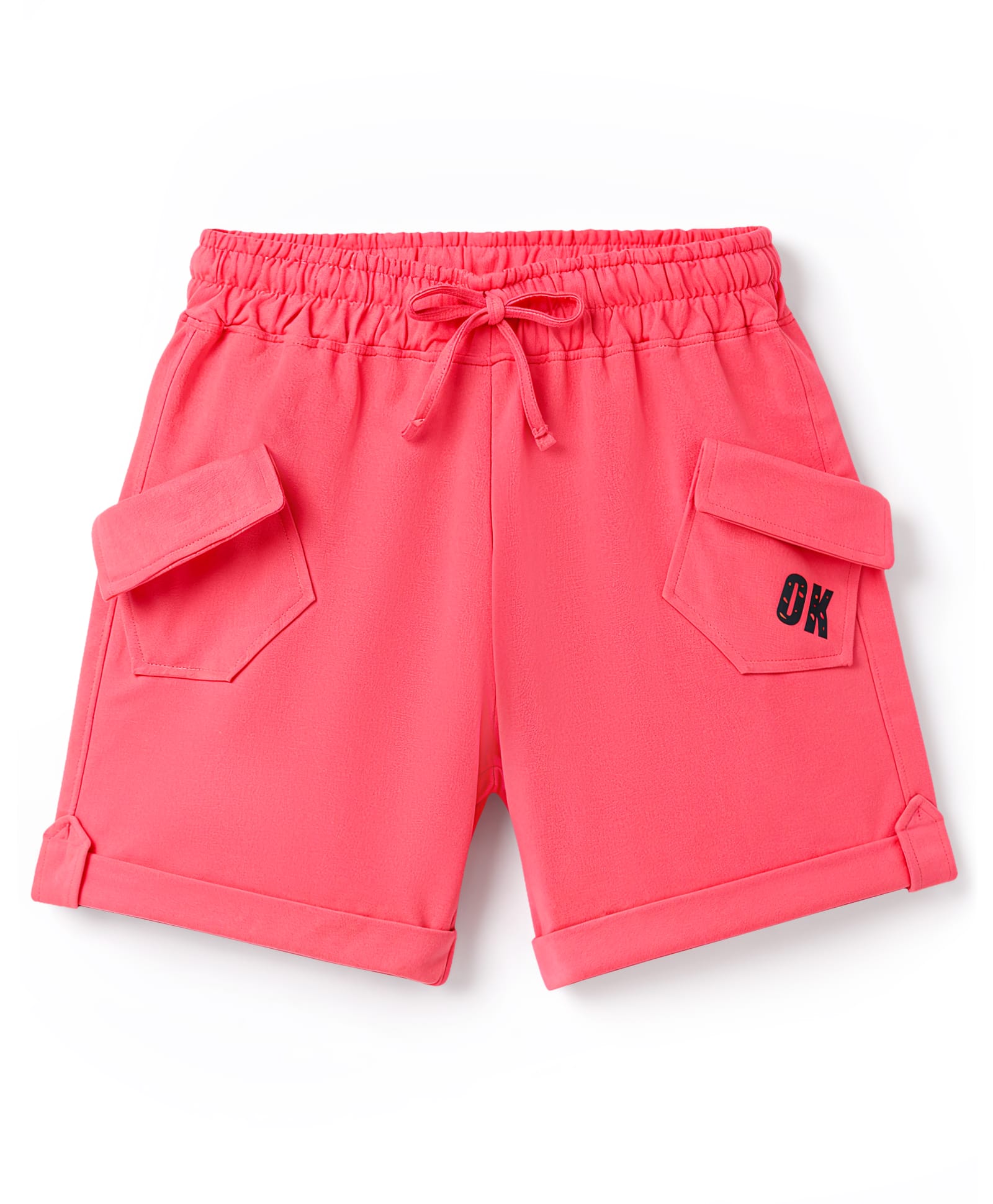 Olio Kids Cotton Knit Above Knee Length Shorts with OK Print - Pink-picture-13