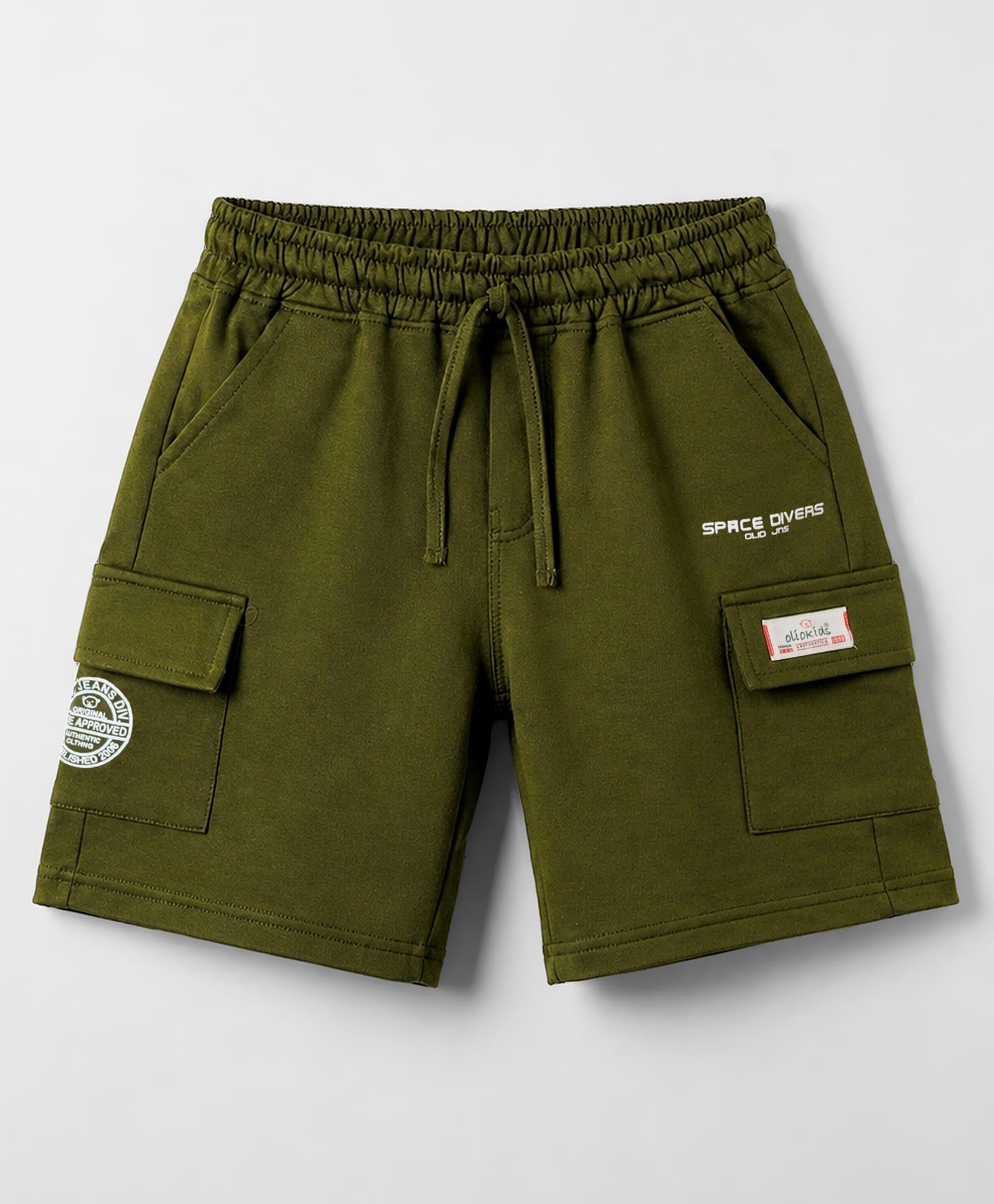 Olio Kids Cotton Knit Above Knee Length Shorts with Text Print - Olive Green-picture-26
