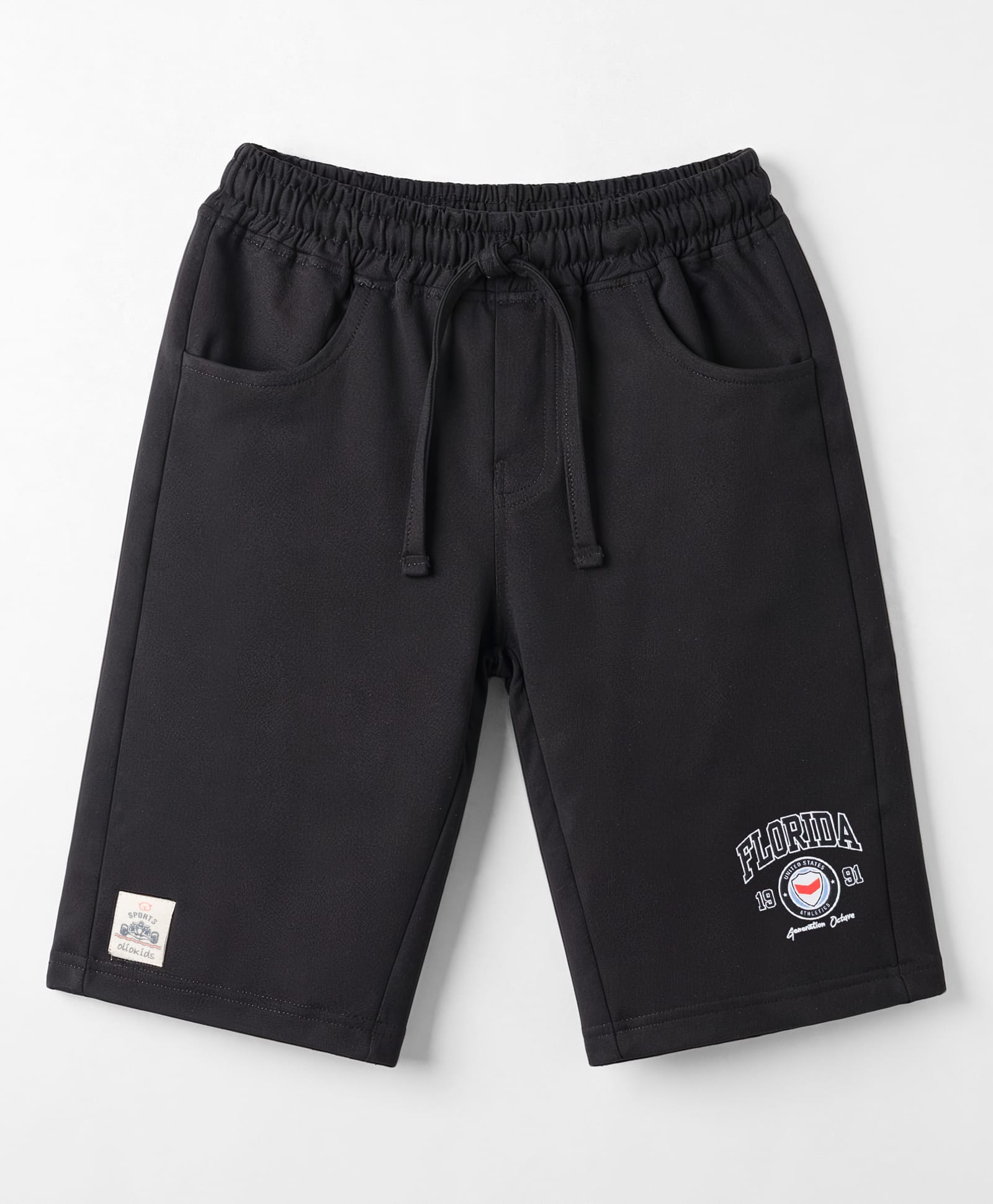 Olio Kids Cotton Knit Above Knee Length Shorts With Sports Theme Print & Patch - Black-picture-24