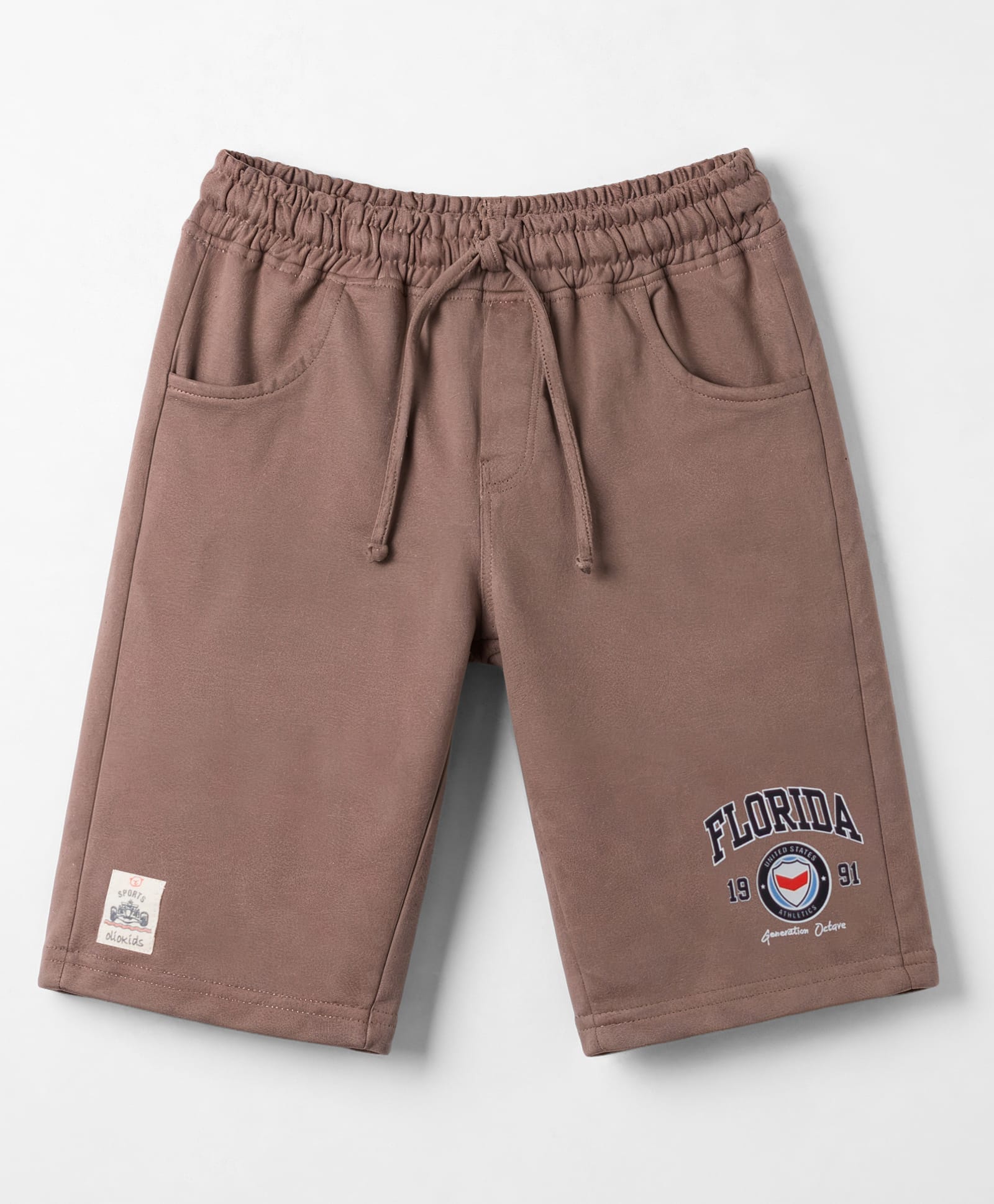 Olio Kids Cotton Knit Above Knee Length Shorts With Sports Theme Print & Patch - Brown-picture-23