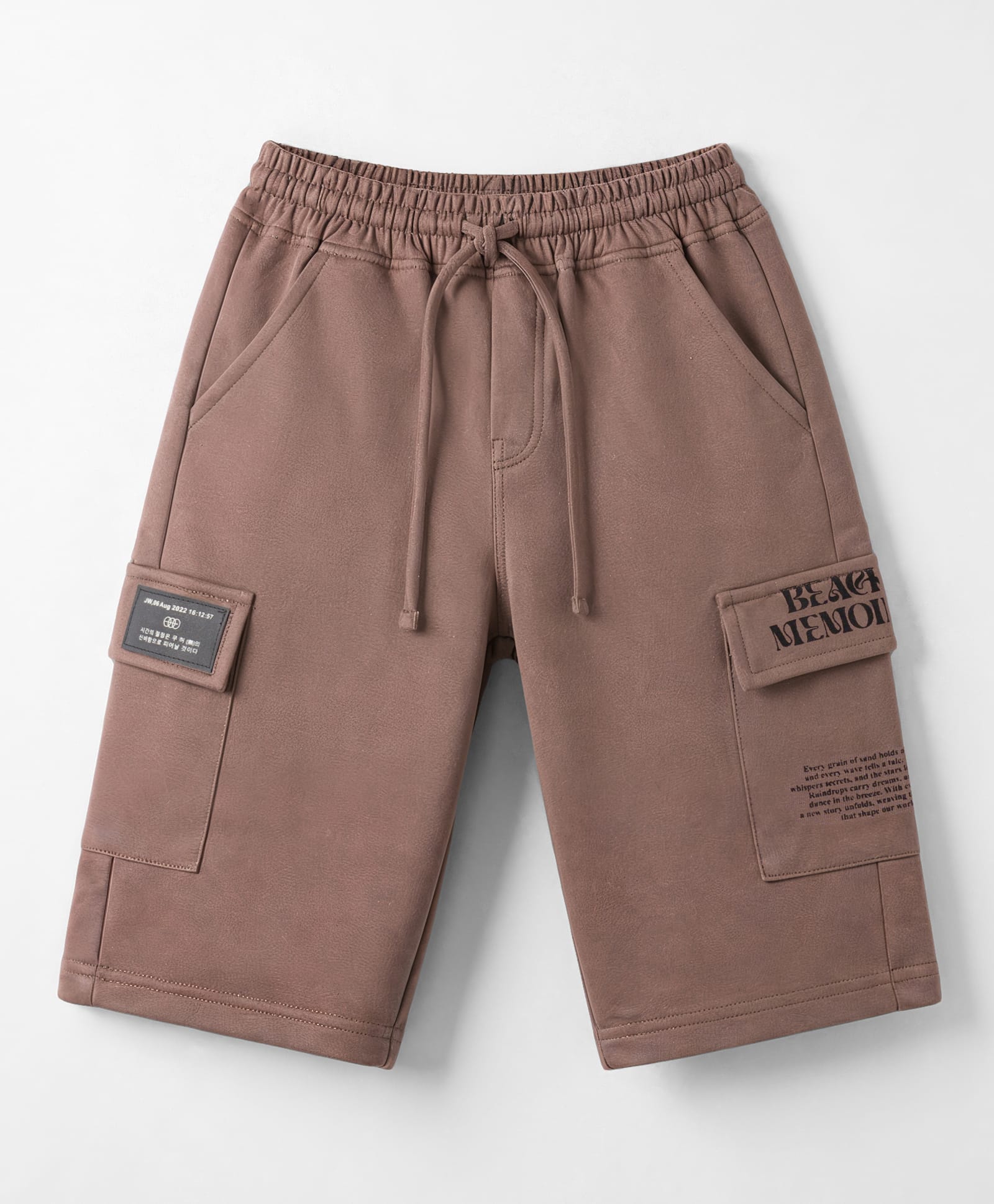 Olio Kids Cotton Knit Above Knee Length Beach Theme Printed Shorts With Patch & Cargo Pockets - Brown-image-24