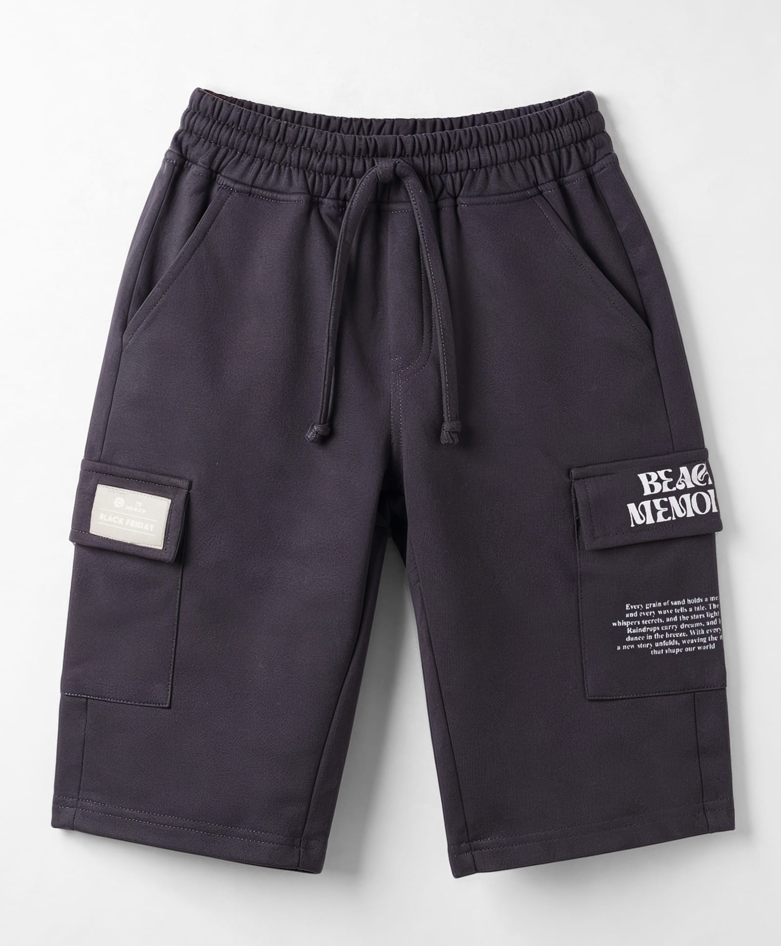 Olio Kids Cotton Knit Above Knee Length Beach Theme Printed Shorts With Patch & Cargo Pockets - Grey-image-7