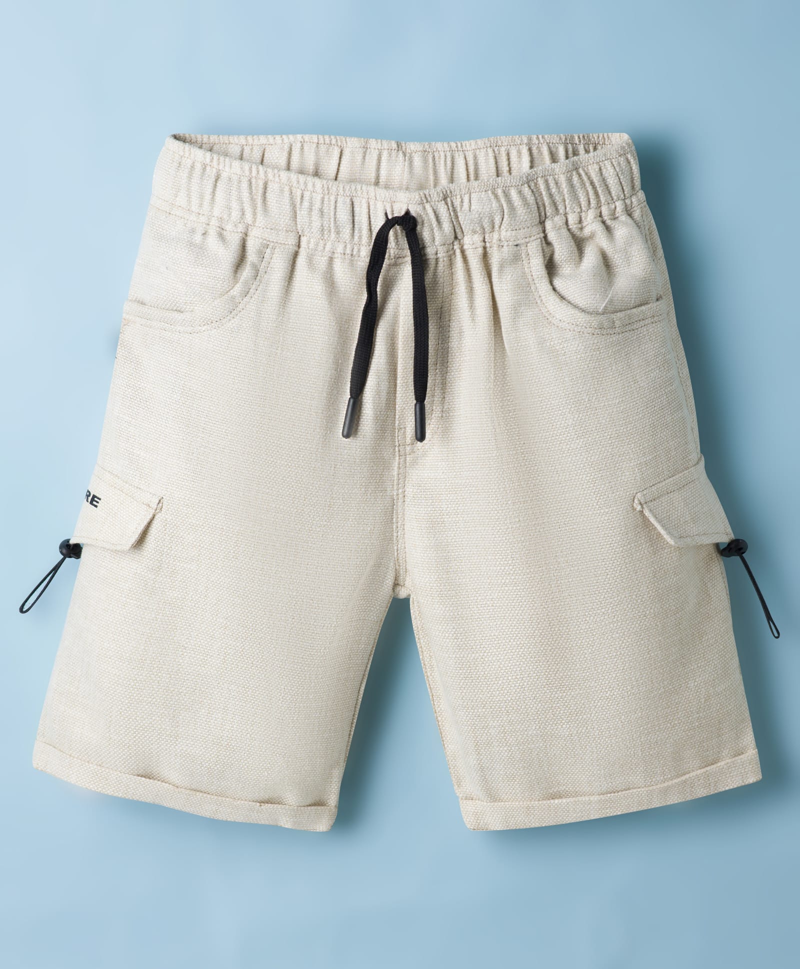 Olio Kids Cotton Knit Above Knee Length Text Printed Shorts With Cargo Pockets & Patch - OffWhite & Navy Blue-picture-18