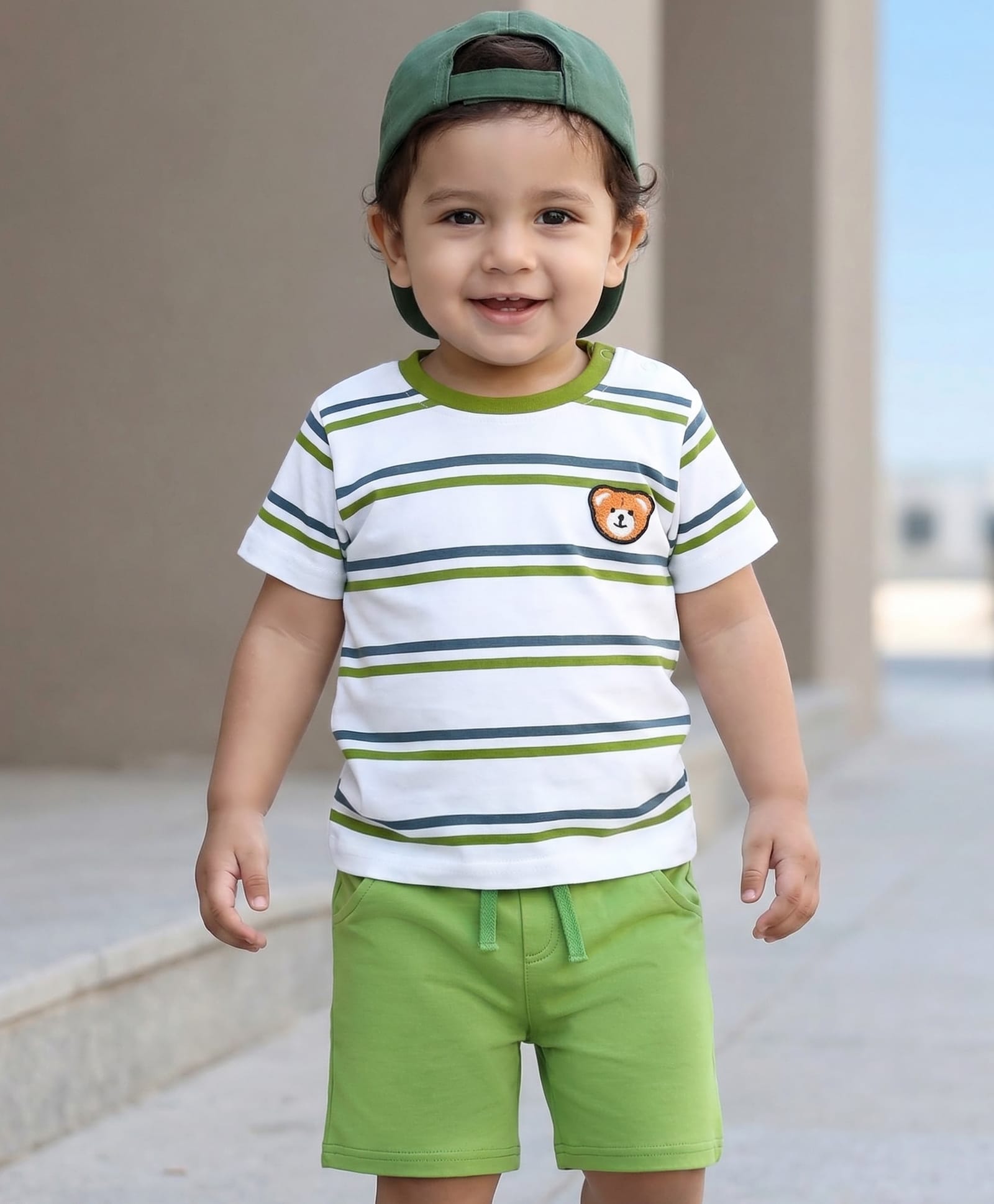 Babyhug Single Jersey Knit Half Sleeves Striped T-Shirt & Shorts Set with Bear Embroidery - Green-image-17
