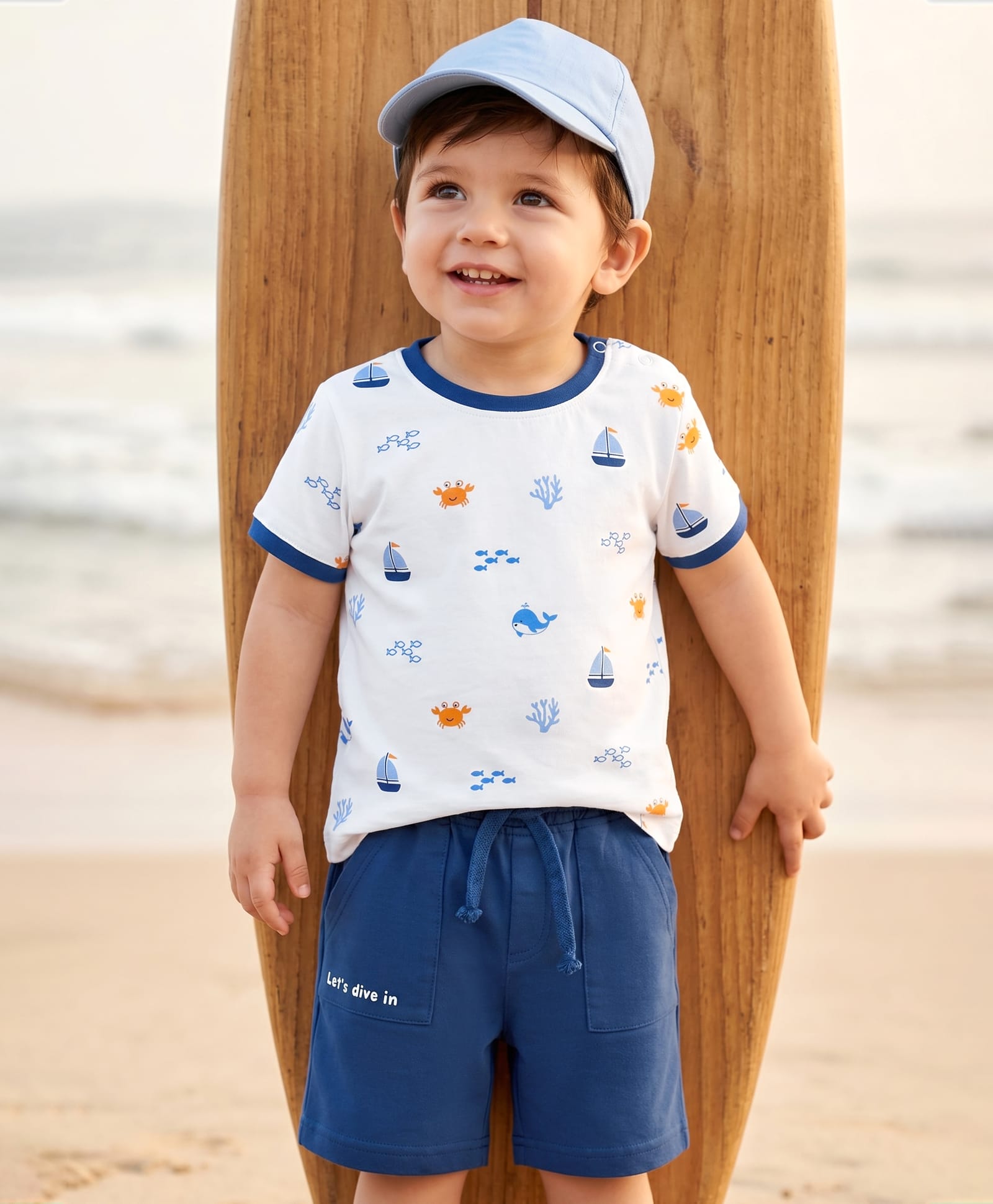 Babyhug Single Jersey Knit Half Sleeves T-Shirt & Shorts With Sea Life Print - White & Navy Blue-image-29