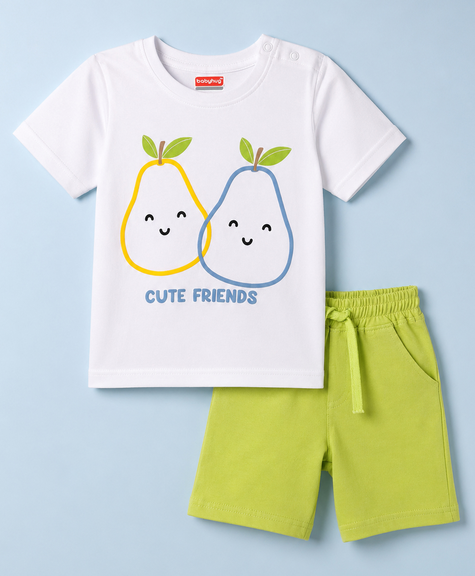 Babyhug 100% Cotton Knit Half Sleeves Pear & Text Printed T-Shirt & Shorts Set - White & Lime Green-image-16