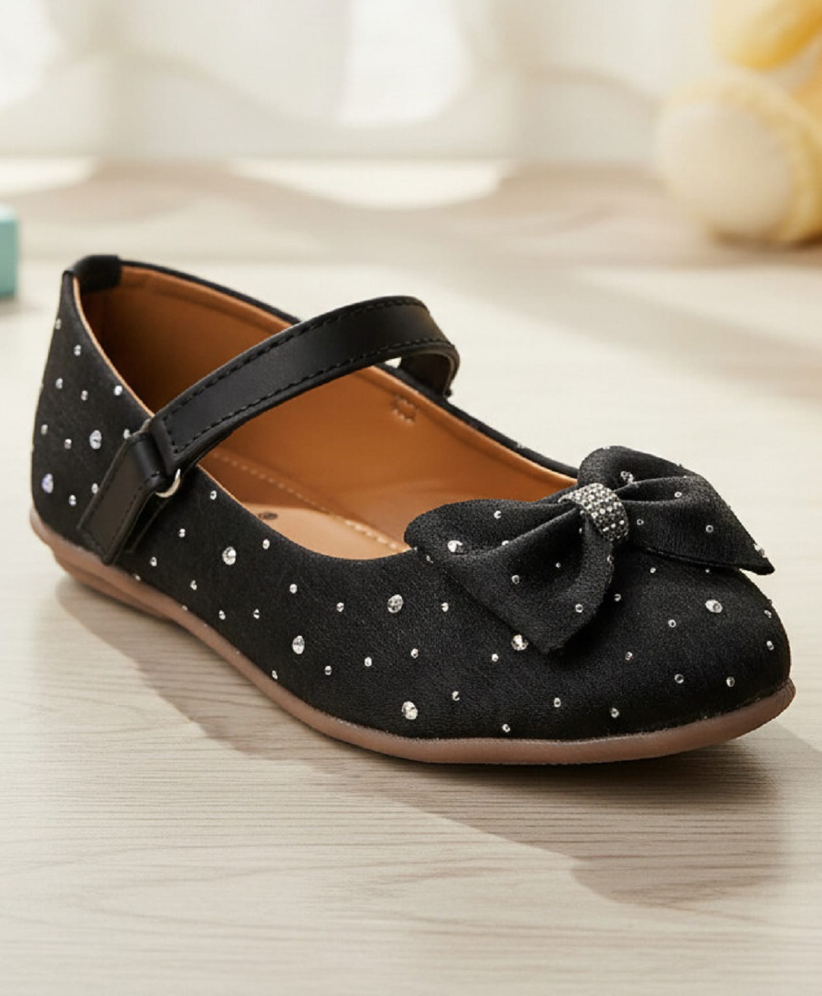 boyz n galz Stone Embellished Bow Applique Detailed Velcro Closure Ballerinas - Black-image-42