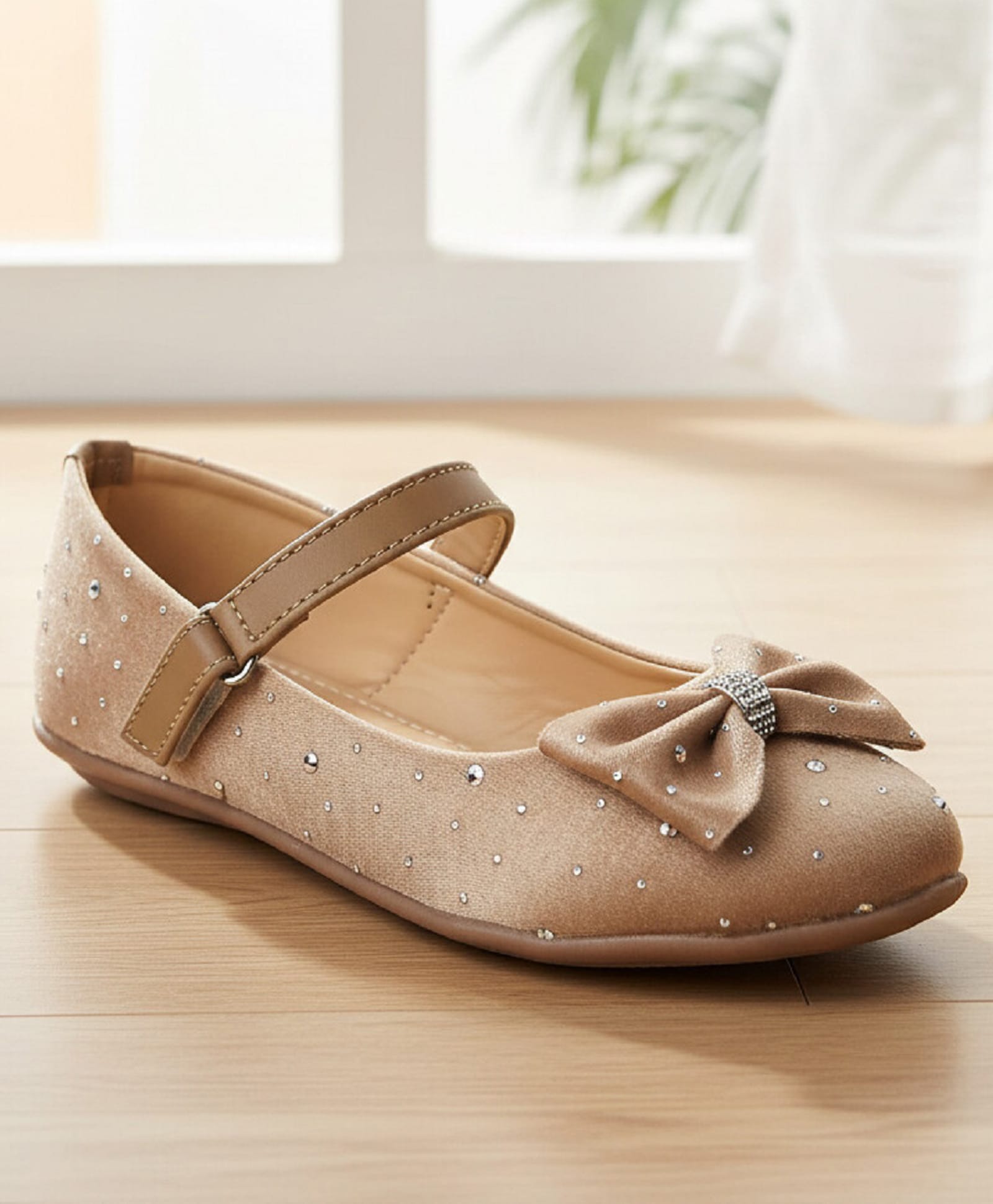 boyz n galz Bow Applique Detailed Stones Embellished Velcro Closure Mary Jane Ballerinas - Gold-image-45