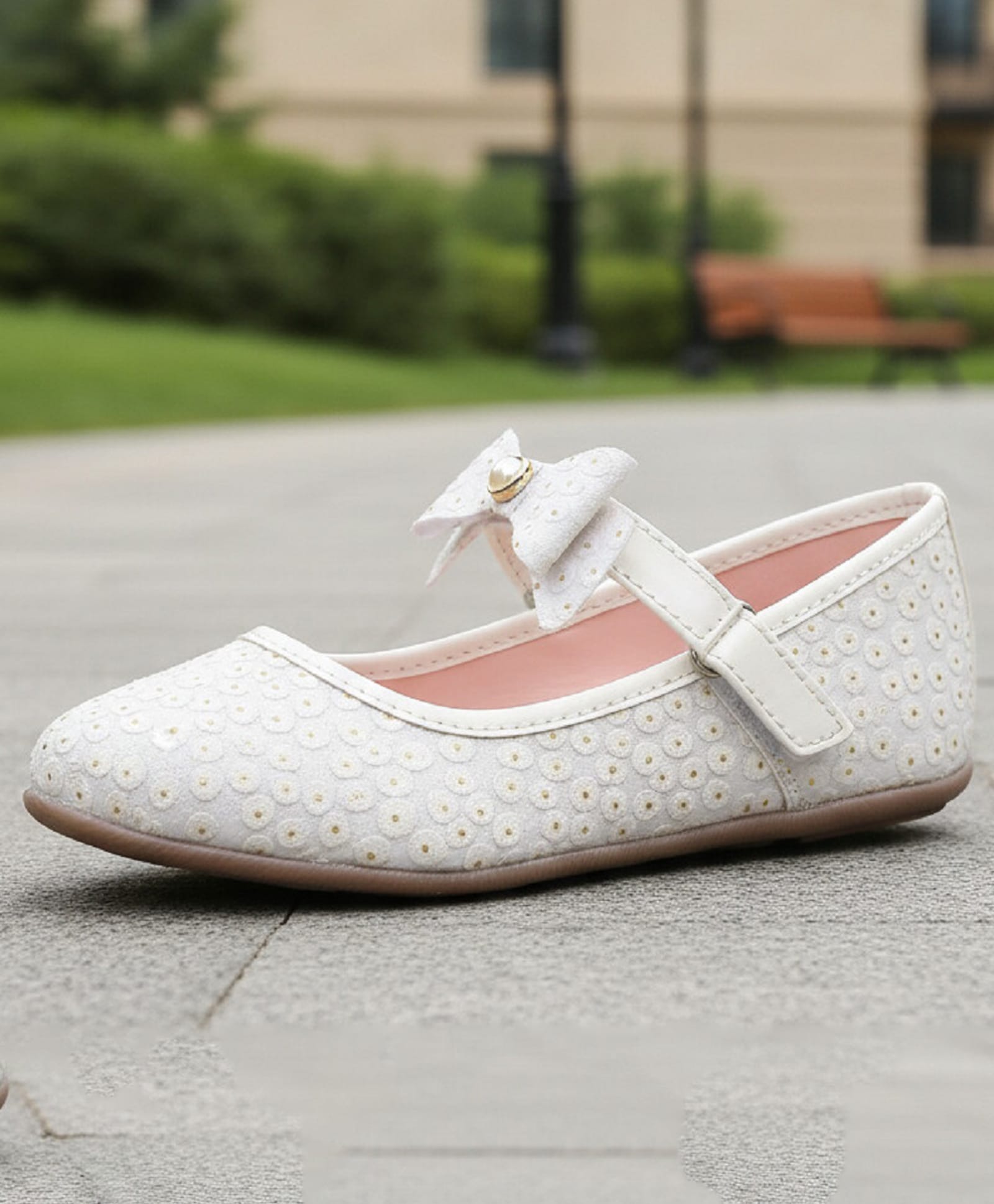 boyz n galz Abstract Designed Pearl Embellished Bow Applique Detailed Velcro Closure Ballerinas - White-image-44
