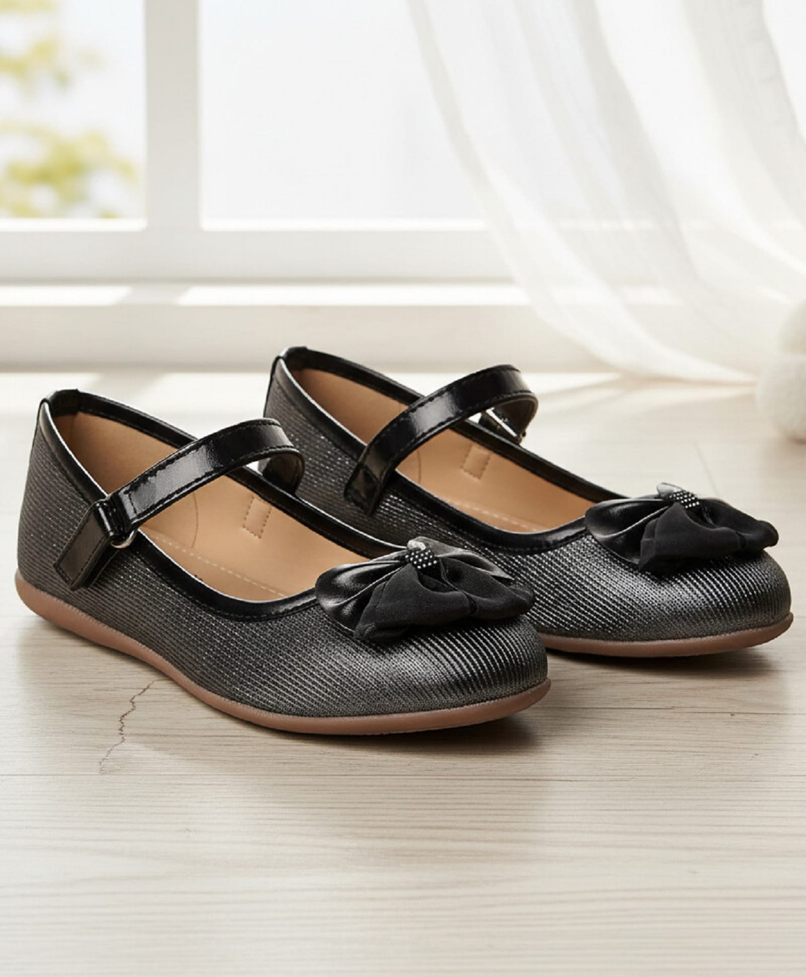 boyz n galz Textured Bow Applique Detailed Velcro Closure Ballerinas - Black-image-48