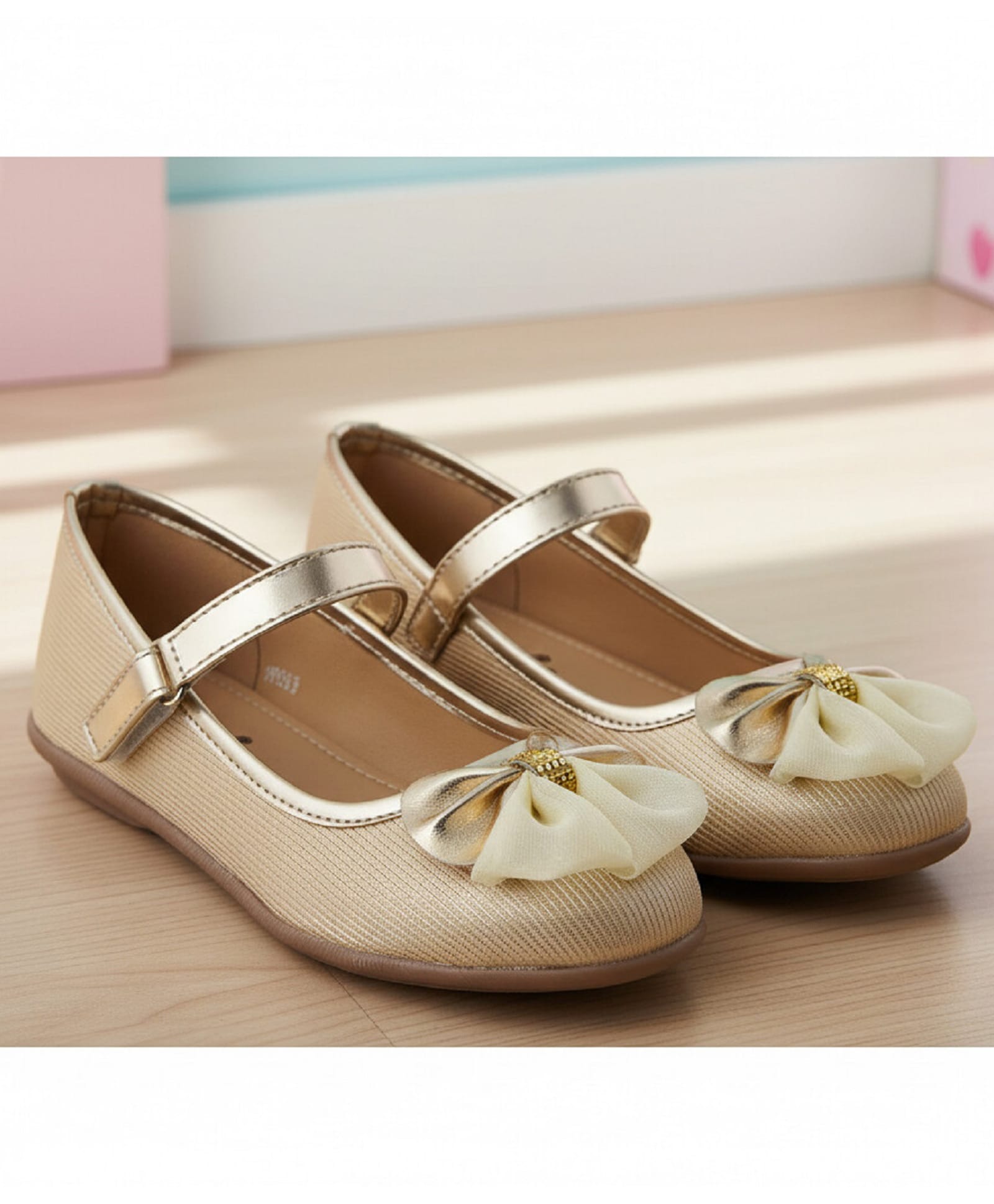 boyz n galz Textured Bow Applique Detailed Velcro Closure Ballerinas - Gold-image-39