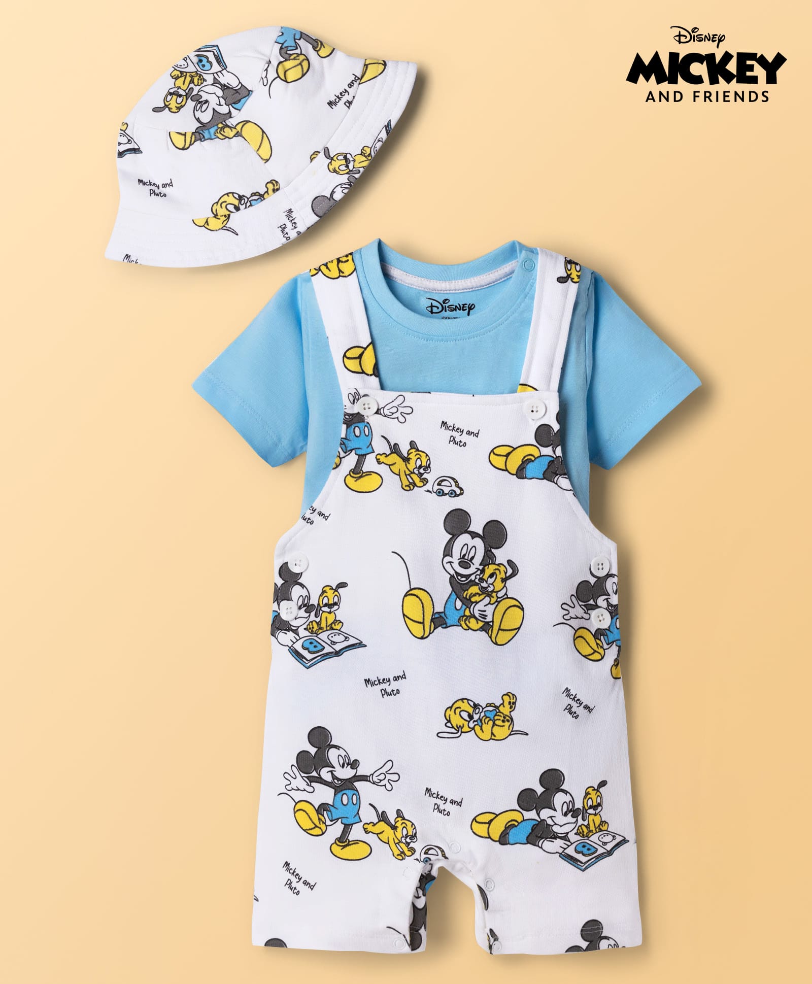 Babyoye Disney 100% Cotton Knit Half Sleeves Dungaree With Inner Tee With Mickey Mouse Graphic & Cap - Light Blue & White-image-8
