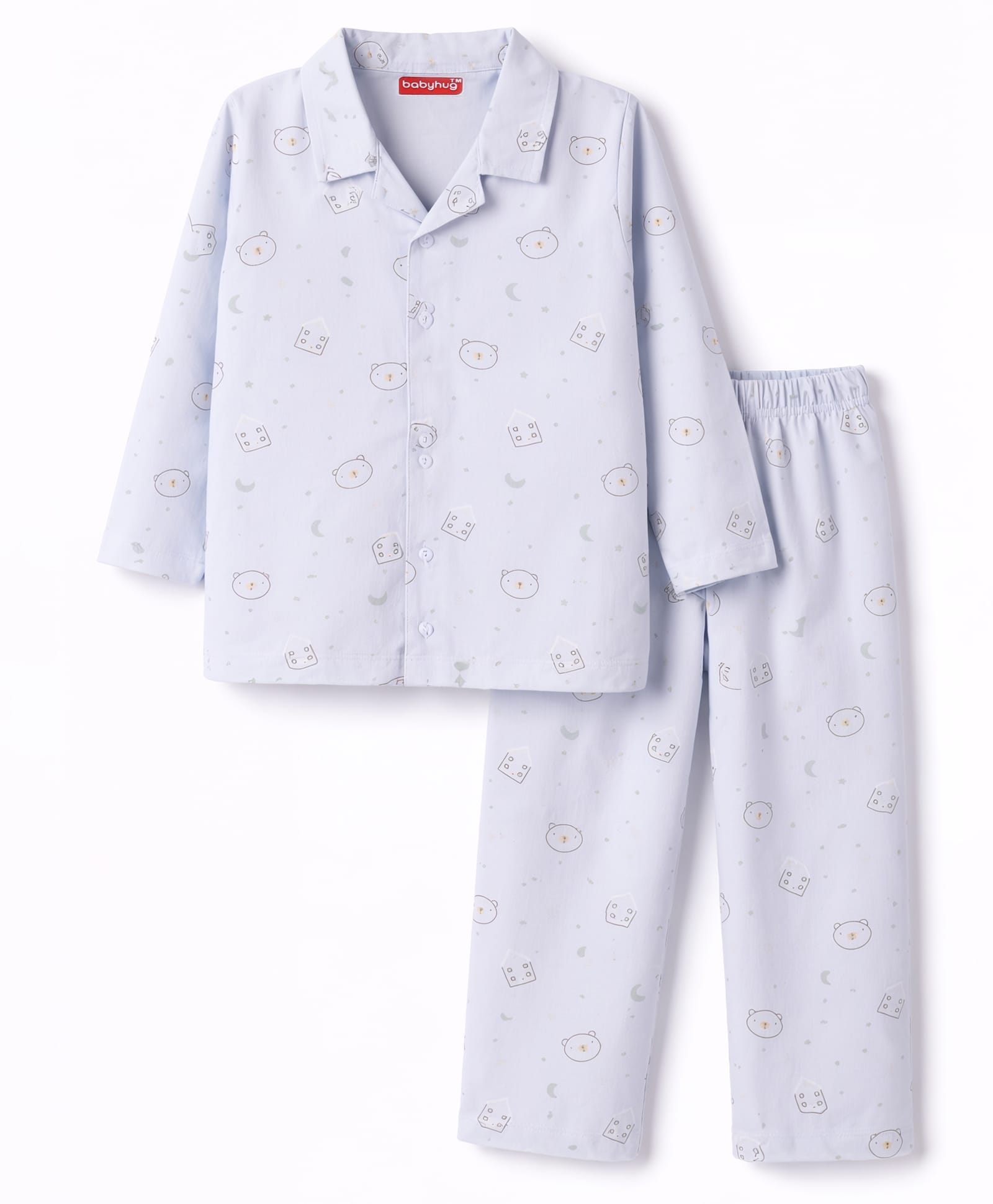 Babyhug Cotton Knit Full Sleeves Co-Ord Shirt & Pyjama Printed Night-Suit - Light Blue-image-6