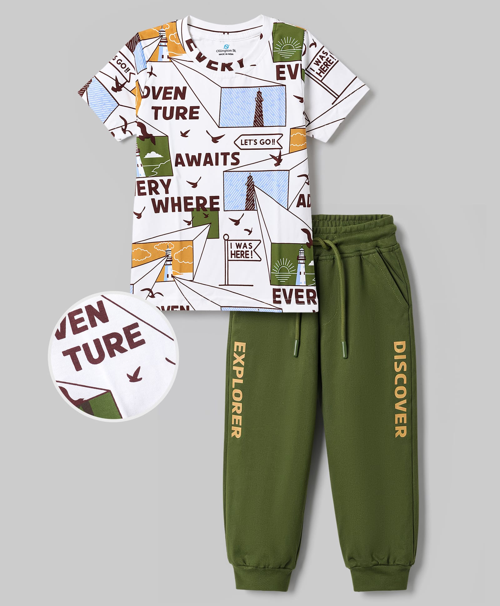 OLLINGTON ST. Cotton Knit Nautical Printed Half Sleeves T-Shirt & Joggers Set -Multicolour-image-6