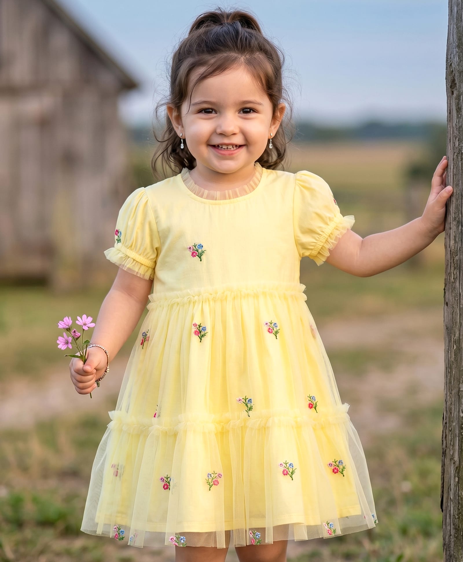 Babyhug Cotton Woven One Piece Dresses/Frocks with Embroidered Half Sleeves Round Neck Yellow 6-9 Months-image-9