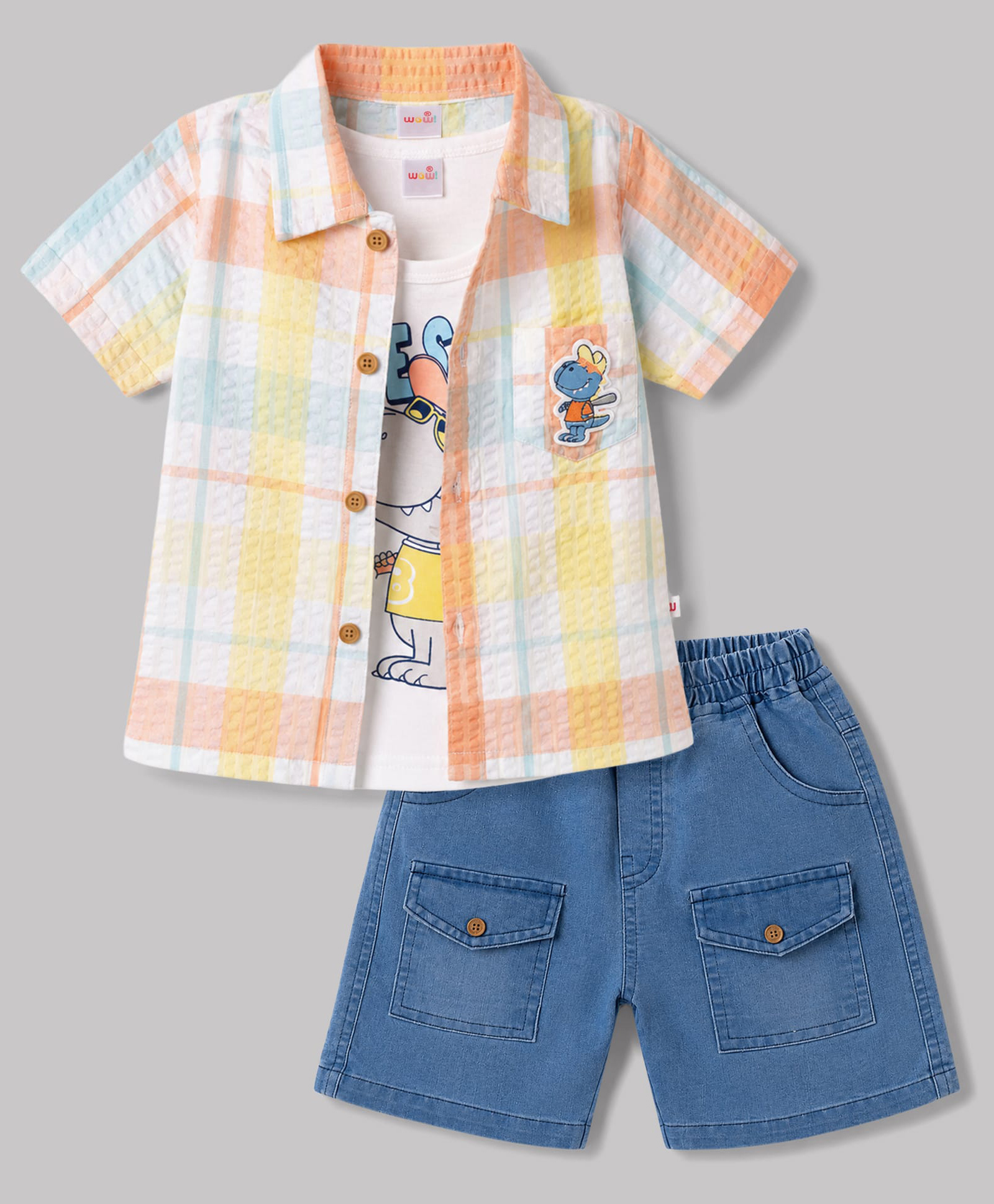 WOW Clothes Cotton Knit Half Sleeves Checks Shirt & Shorts With Printed T-Shirt - Peach-image-47