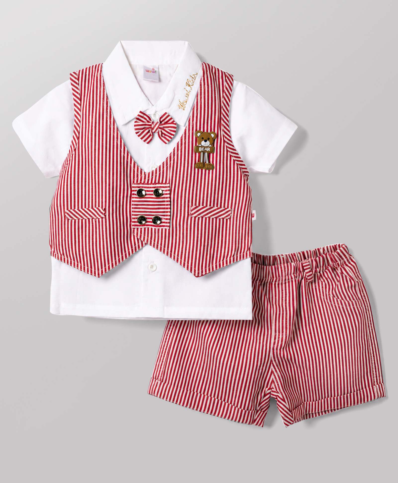 WOW Clothes Cotton Woven Half Sleeves Striped Three Piece Party Suit With Bow - Red-picture-14