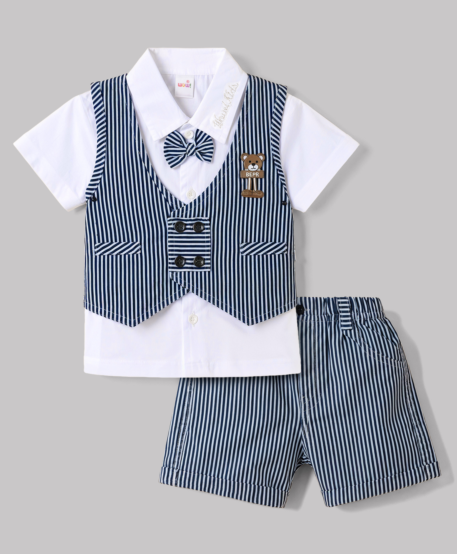 WOW Clothes Cotton Woven Half Sleeves Striped Three Piece Party Suit With Bow - Charcoal Grey-image-13