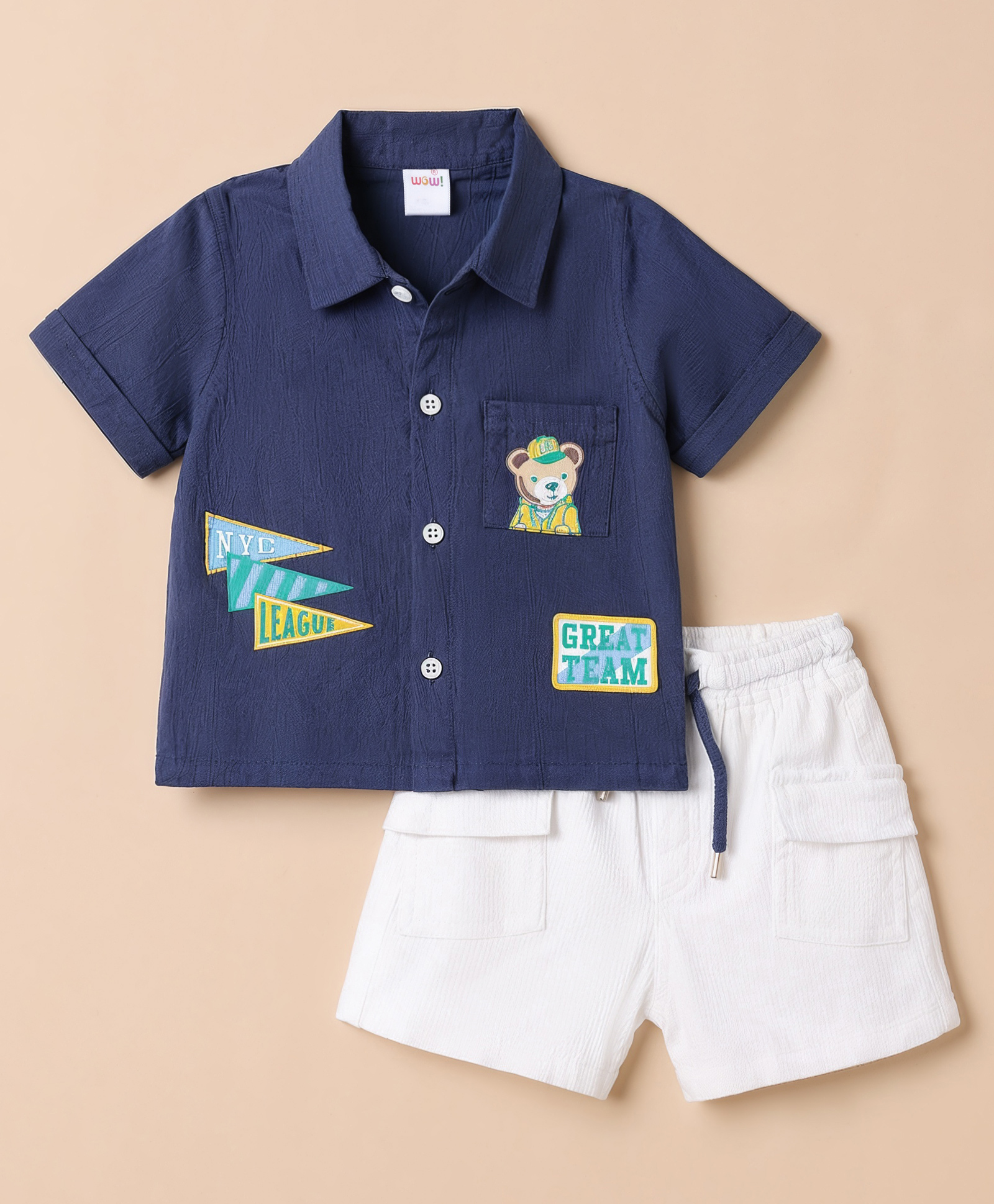 WOW Clothes Cotton Woven Half Sleeves Shirt & Shorts Set With Bear Print - Blue-picture-17