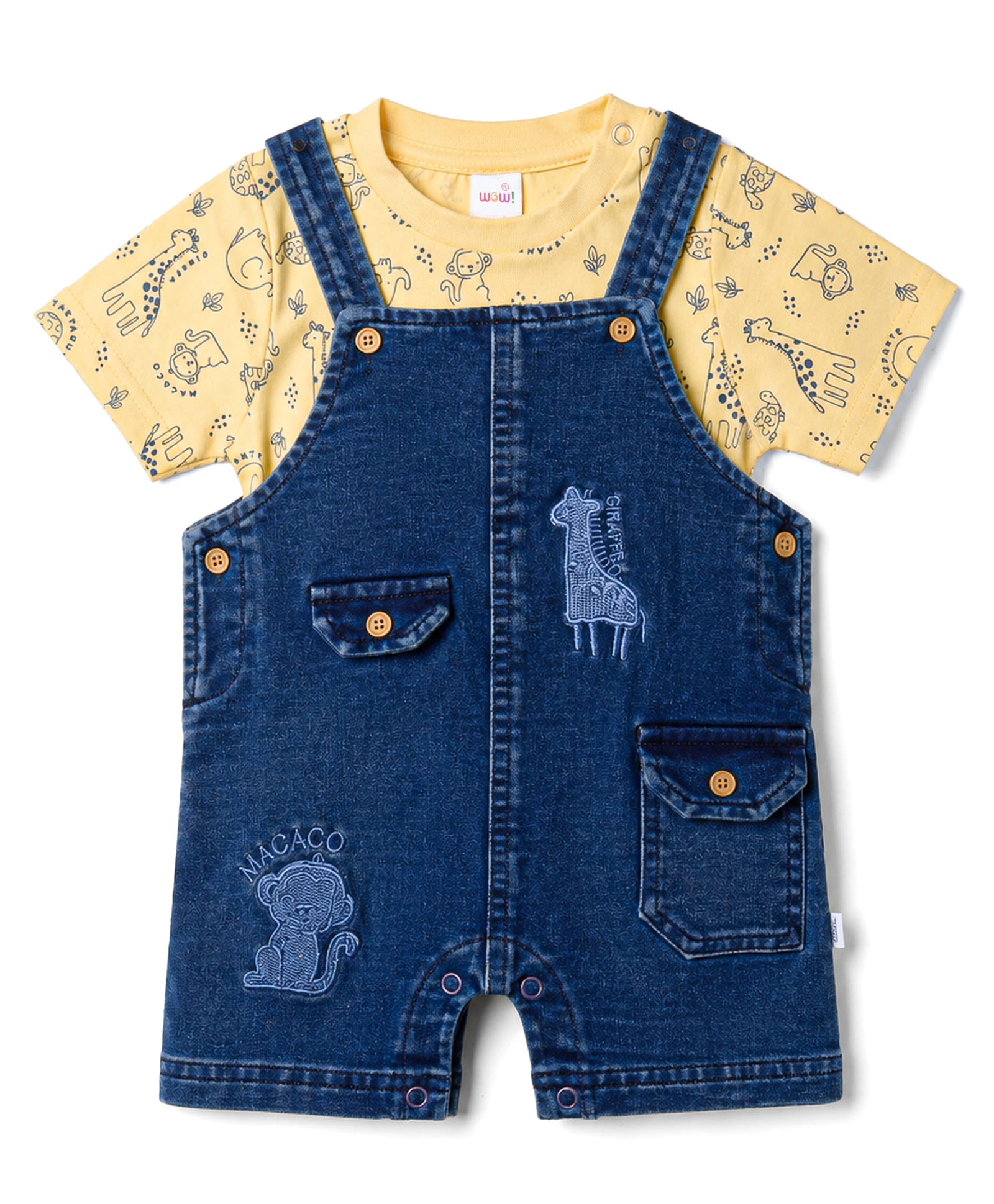 WOW Clothes 100% Cotton Knit Half Sleeves Animal Printed & Embroidered Dungaree With Inner Tee - Royal Blue-image-29
