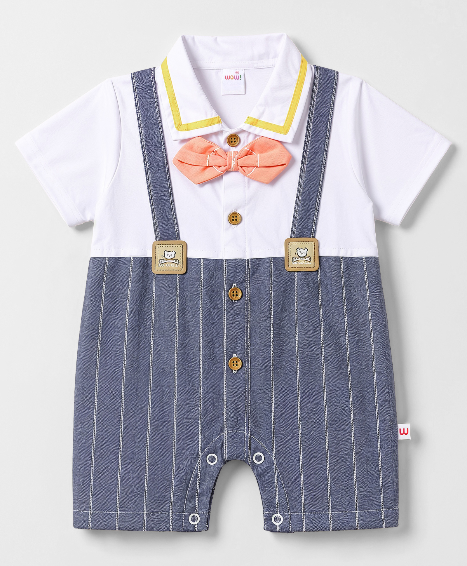WOW Clothes Cotton Woven Half Sleeves Collar Neck Romper with Attached Bow - White & Blue-image-34