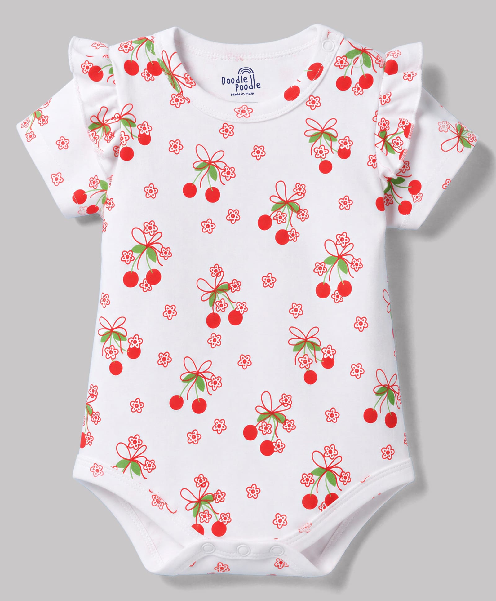 Doodle Poodle 100% Cotton Knit Half Sleeves Cherry & Floral Printed Onesie - White-image-42
