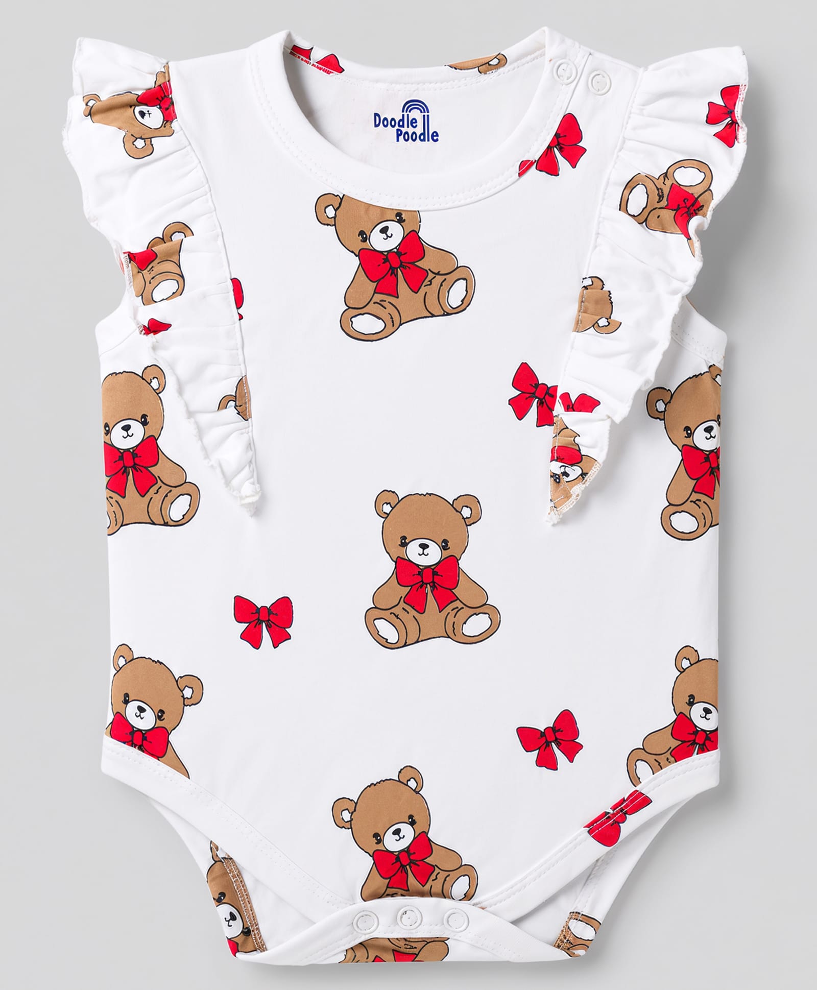 Doodle Poodle 100% Cotton Knit Sleeveless Bear & Bow Printed Onesie - White-picture-34