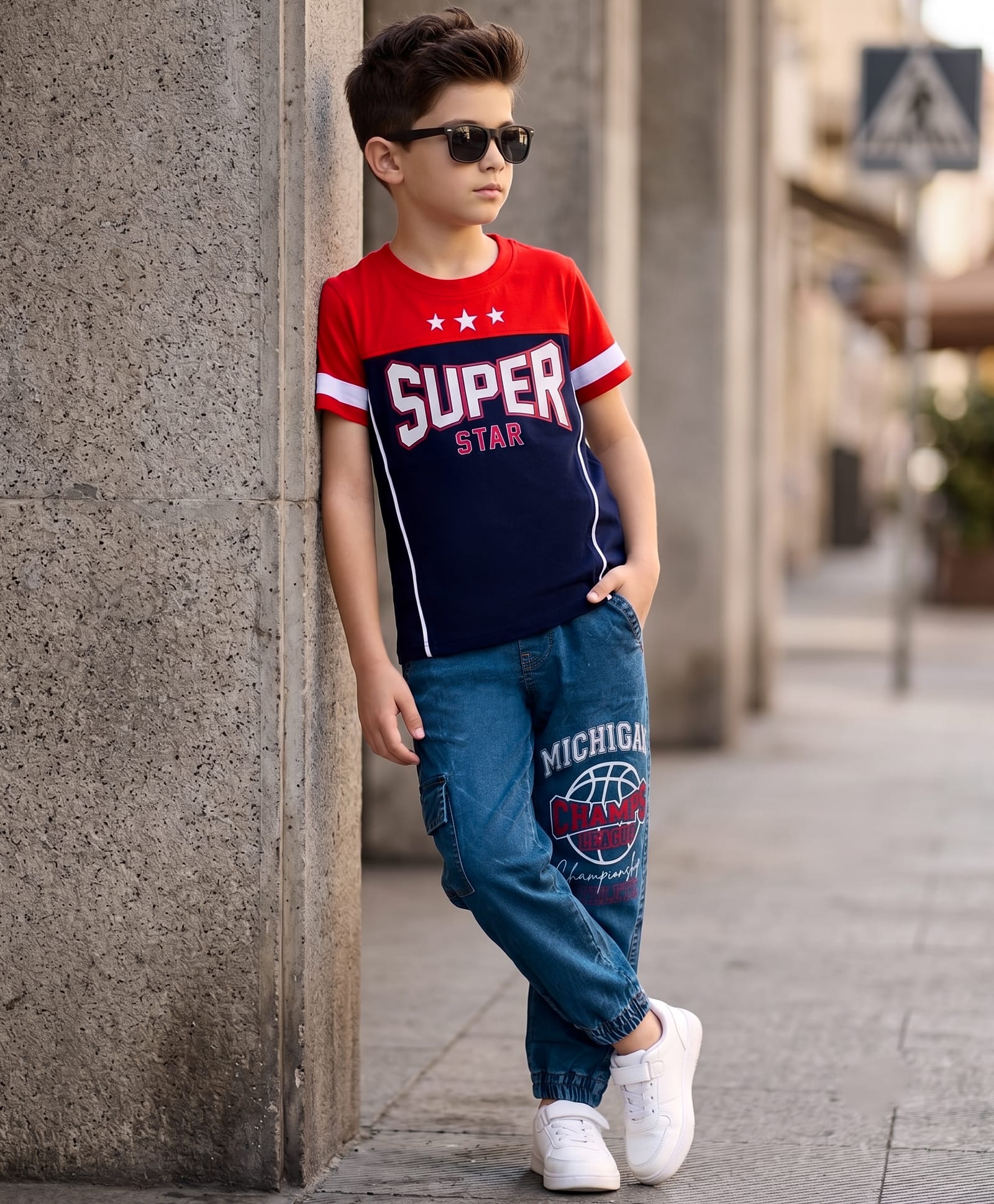 OLLINGTON ST. Cotton Knit Printed Half Sleeves T-Shirt & Denim Jogger Set - Multicolour & Blue-image-38