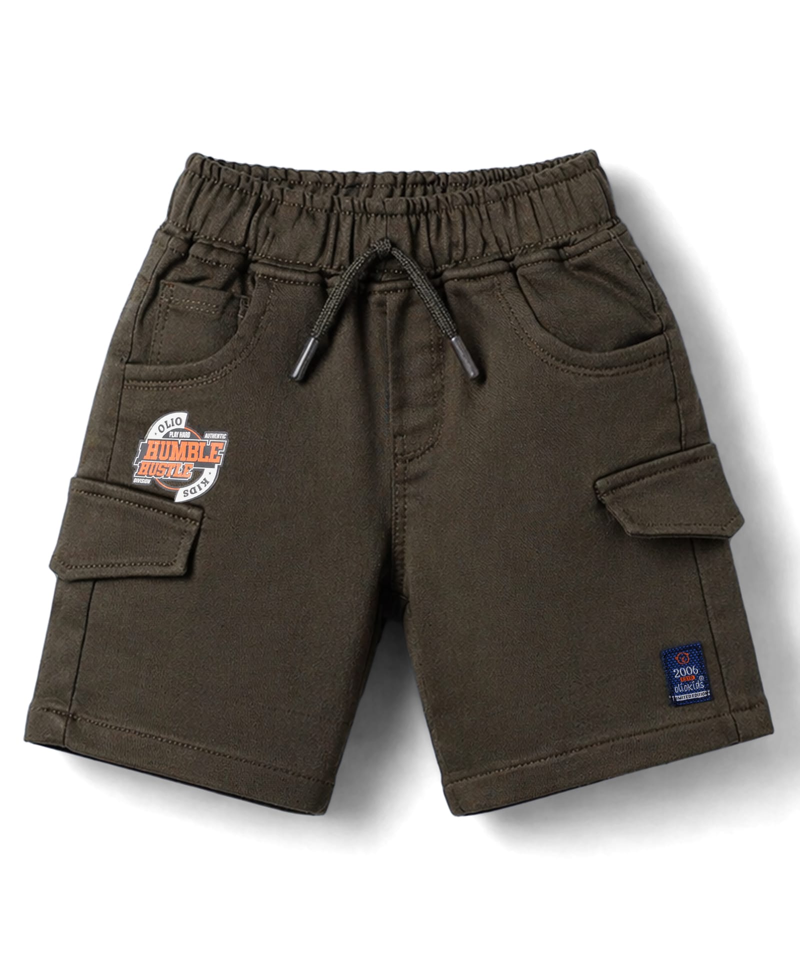 Olio Kids Cotton Knit Above Knee Length Shorts with Text Print - Olive Green-picture-28