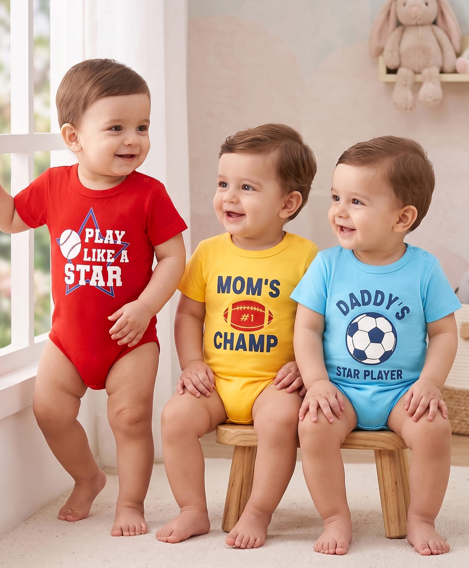 Doodle Poodle 100% Cotton Interlock Knit Half Sleeves Onesies With Text Print Pack of 3 - Blue Red & Yellow-picture-47