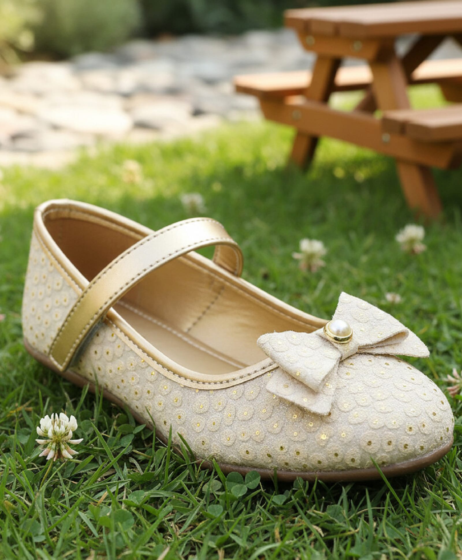 boyz n galz Pearl Embellished Bow Applique Detailed Dots Printed Velcro Closure Ballerinas - Gold-image-36