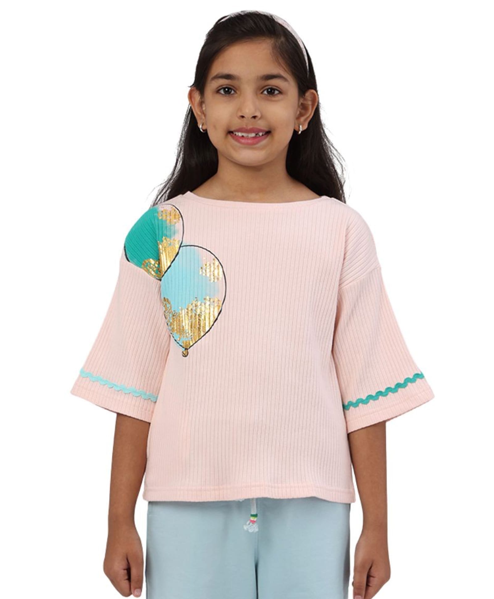 PILOLO Cotton Knit Three Fourth Sleeves Shimmer Detailed Balloon Printed Top - Pink-image-13