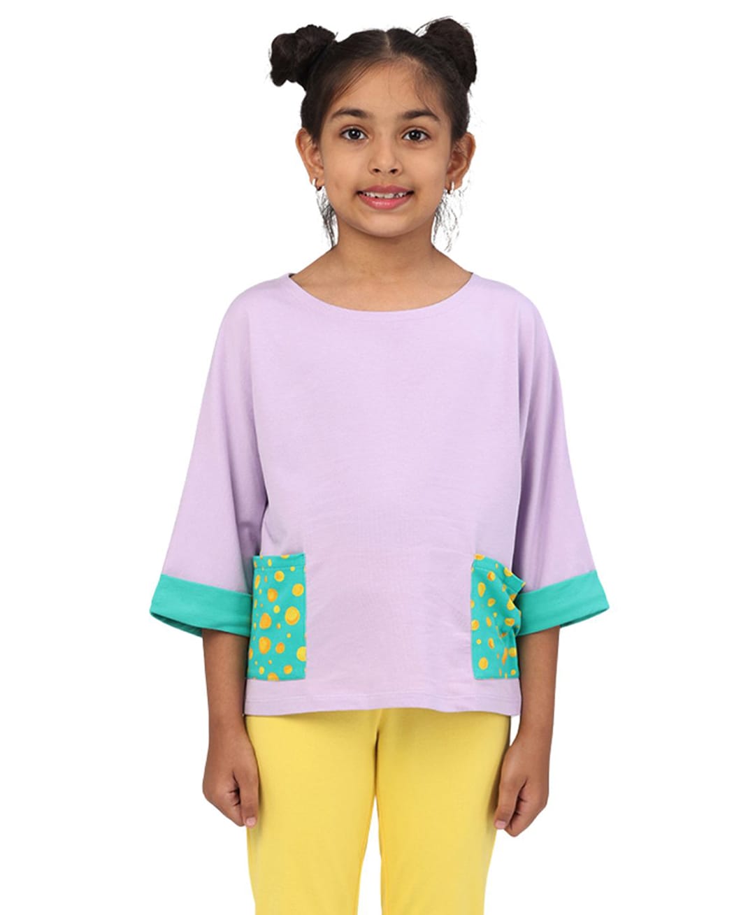 PILOLO Cotton Knit Three Fourth Sleeves Circles Pocket Printed Top - Purple-image-7