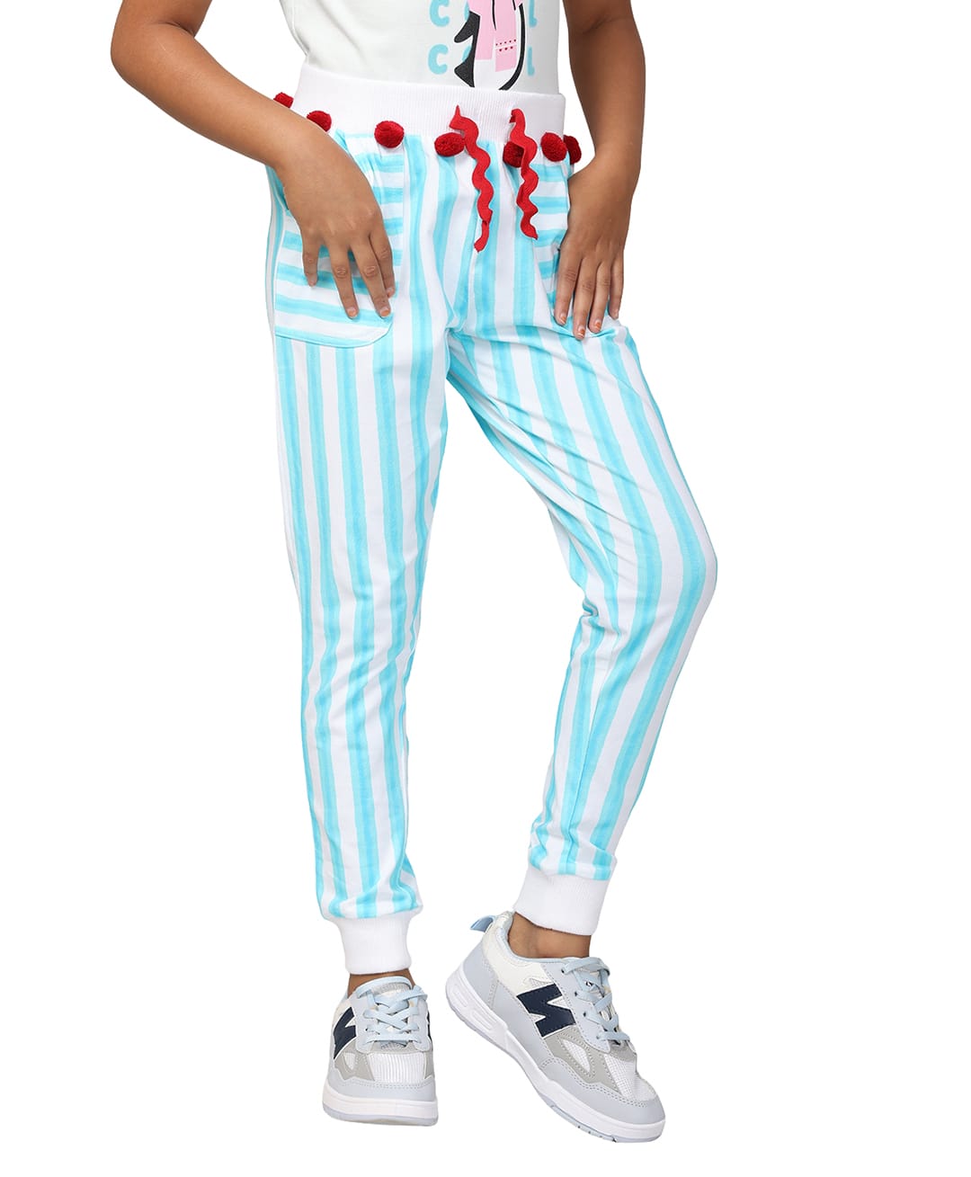 PILOLO Cotton Knit Striped & Pom Pom Embellished Joggers - White & Blue-picture-26