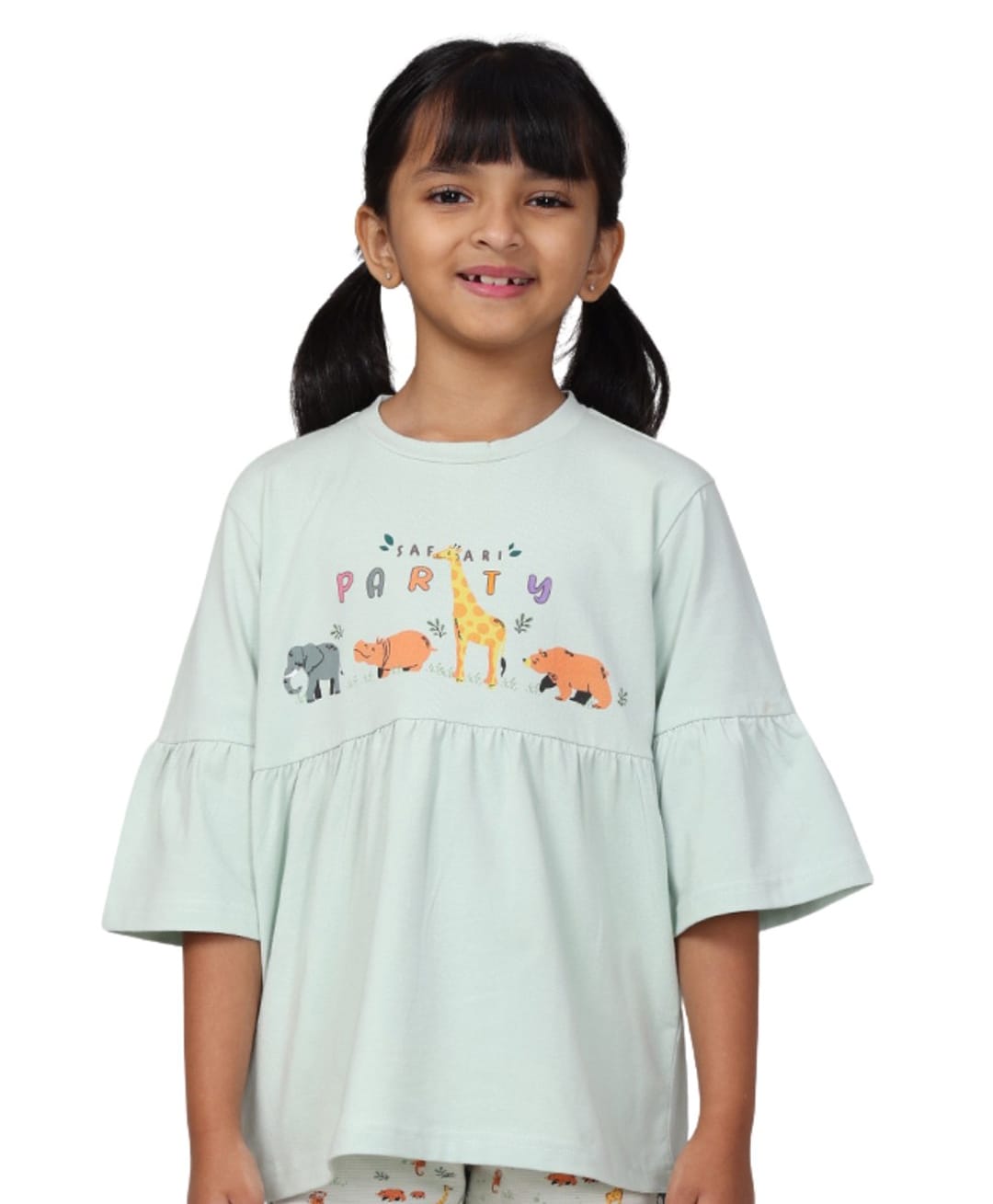 PILOLO Cotton Knit Three Fourth Sleeve Animal Party Printed Top - Green-picture-10