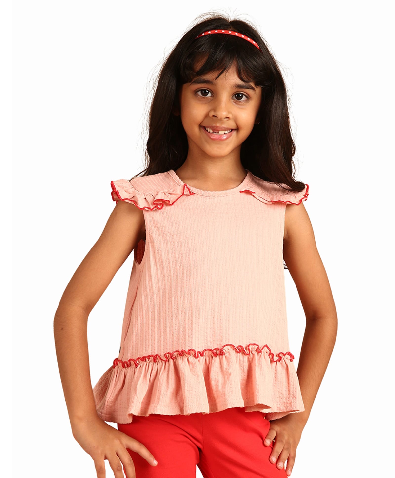 PILOLO Cotton Knit Half Sleeves Frill Detailed Crop Top - Orange-image-9