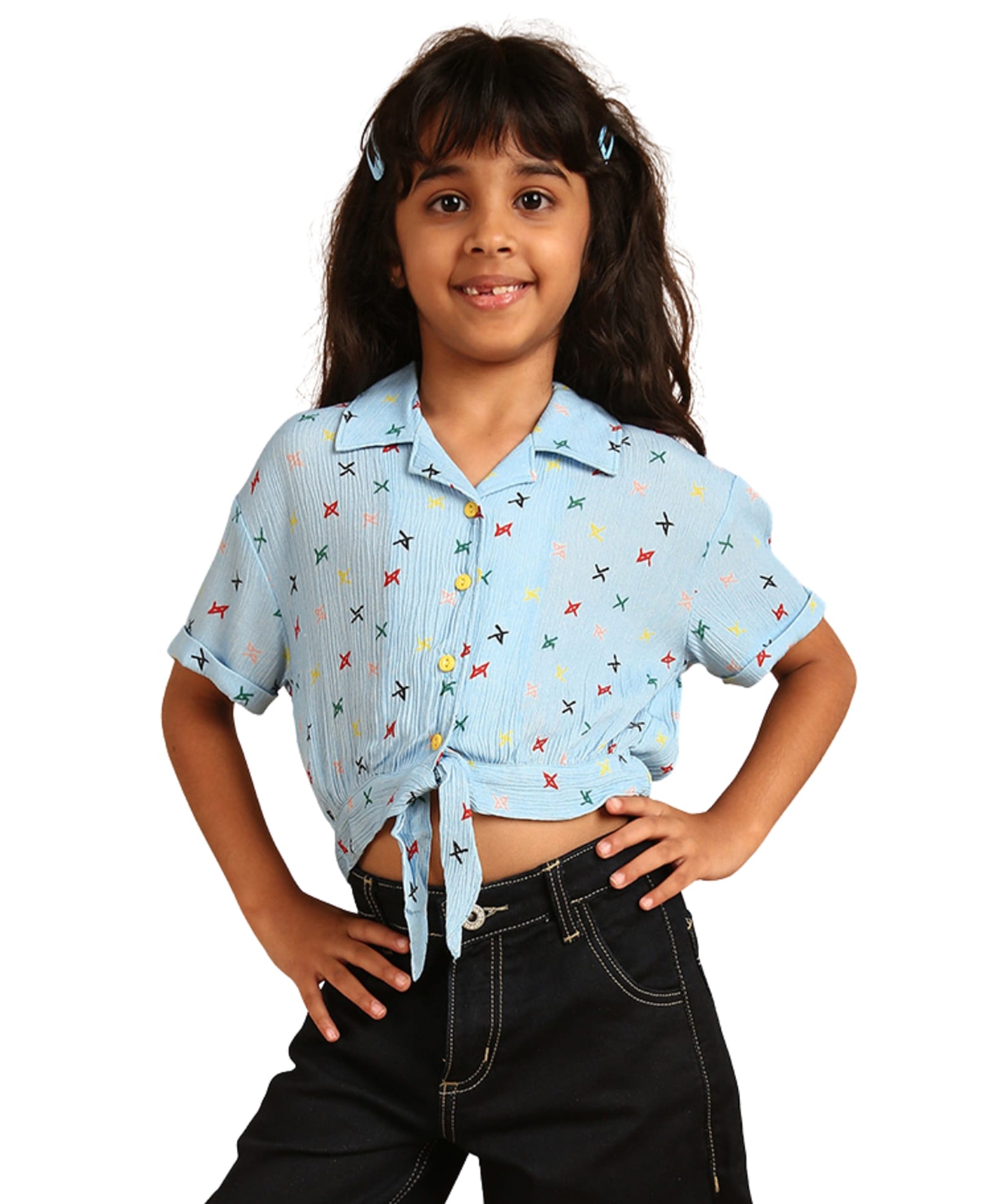 PILOLO Cotton Knit Half Sleeves Abstract Printed Shirt Style Top - Blue-picture-25